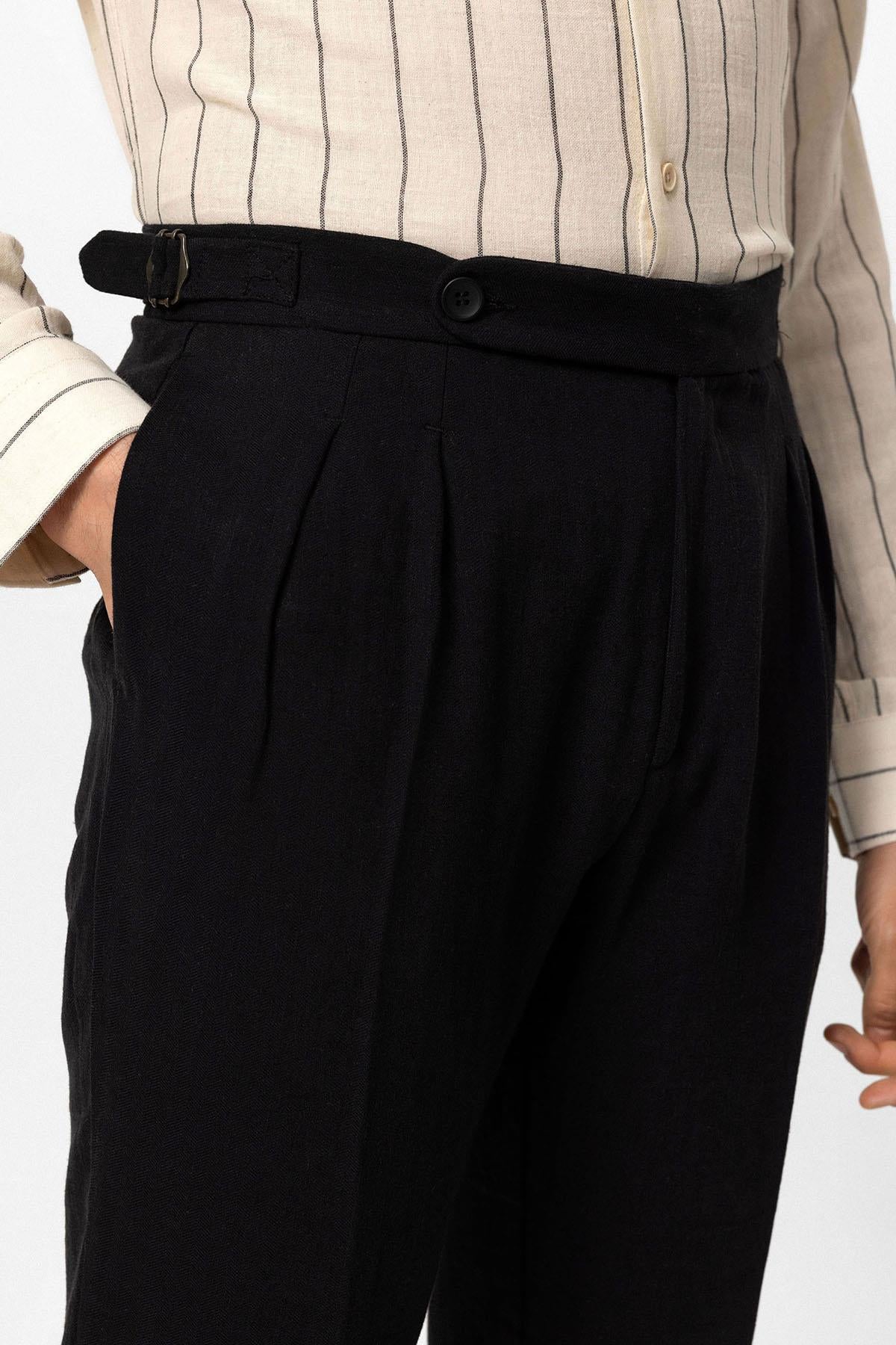 Antioch-Siyah Yüksek Bel Keten Karışımlı Duble Paça Erkek Pantolon-Pantolon-4-Milagron.com