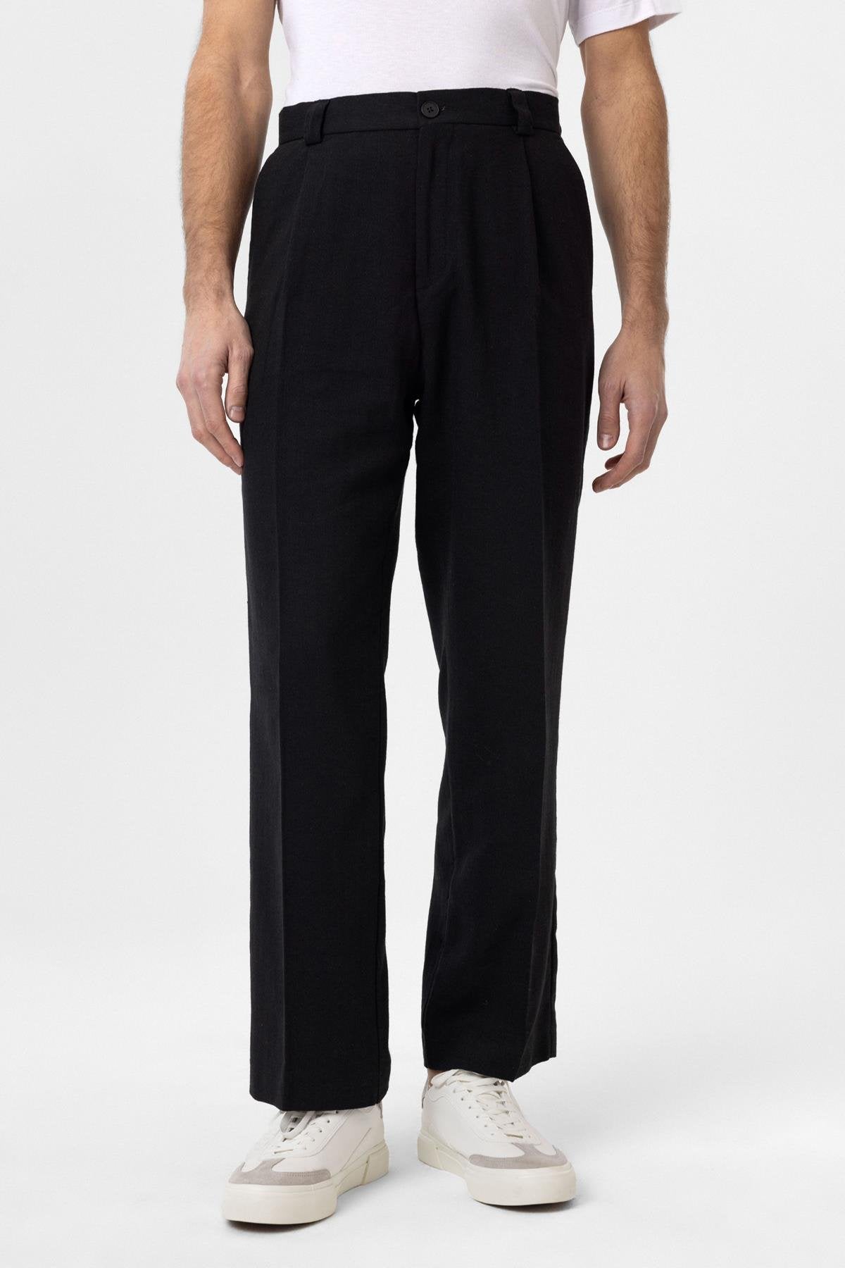 Antioch-Siyah Yüksek Bel Keten Karışımlı Erkek Pantolon-Kumaş Pantolon-1-Milagron.com