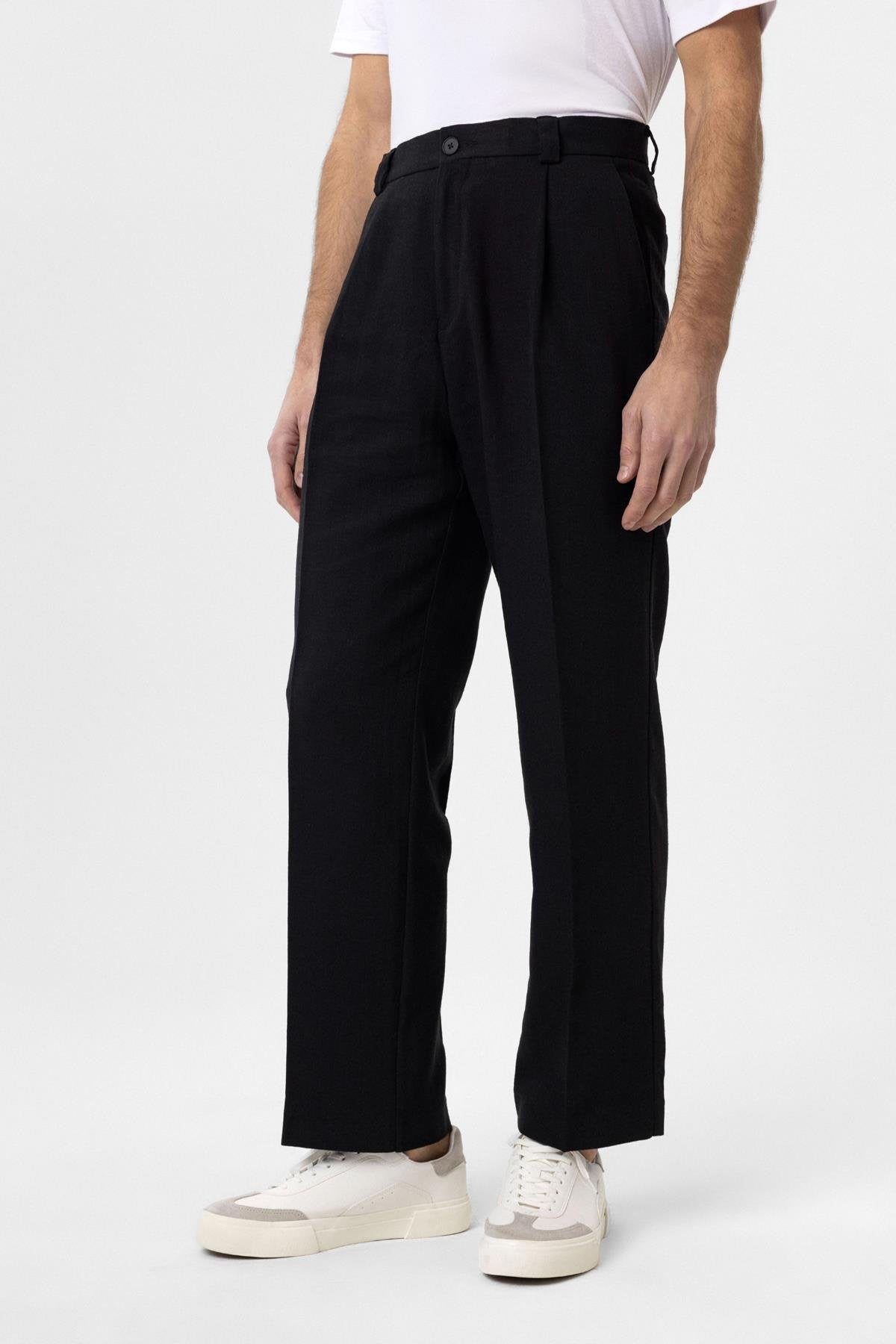 Antioch-Siyah Yüksek Bel Keten Karışımlı Erkek Pantolon-Kumaş Pantolon-2-Milagron.com