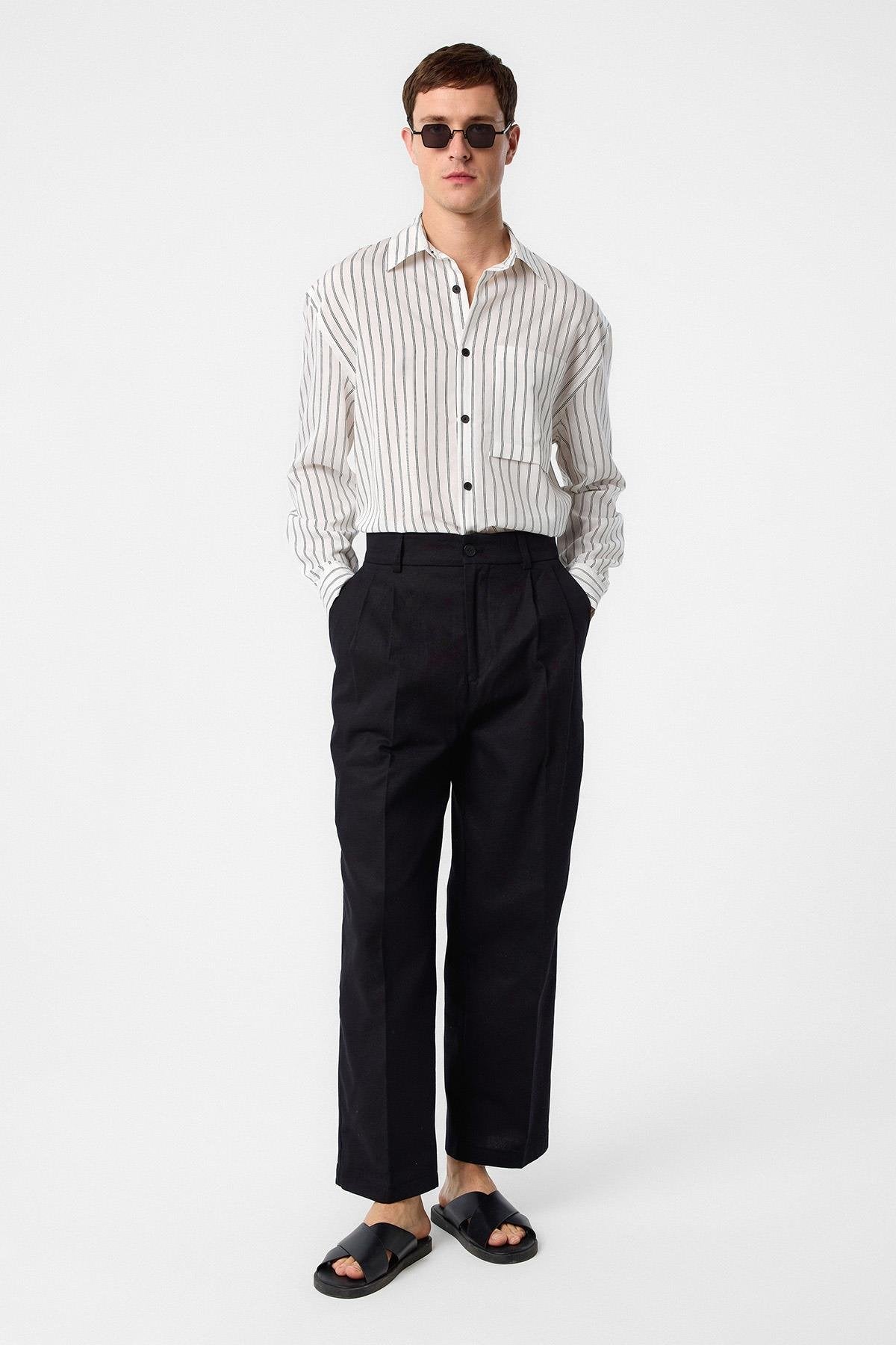 Antioch-Siyah Yüksek Bel Pamuklu Erkek Pantolon-Kumaş Pantolon-3-Milagron.com