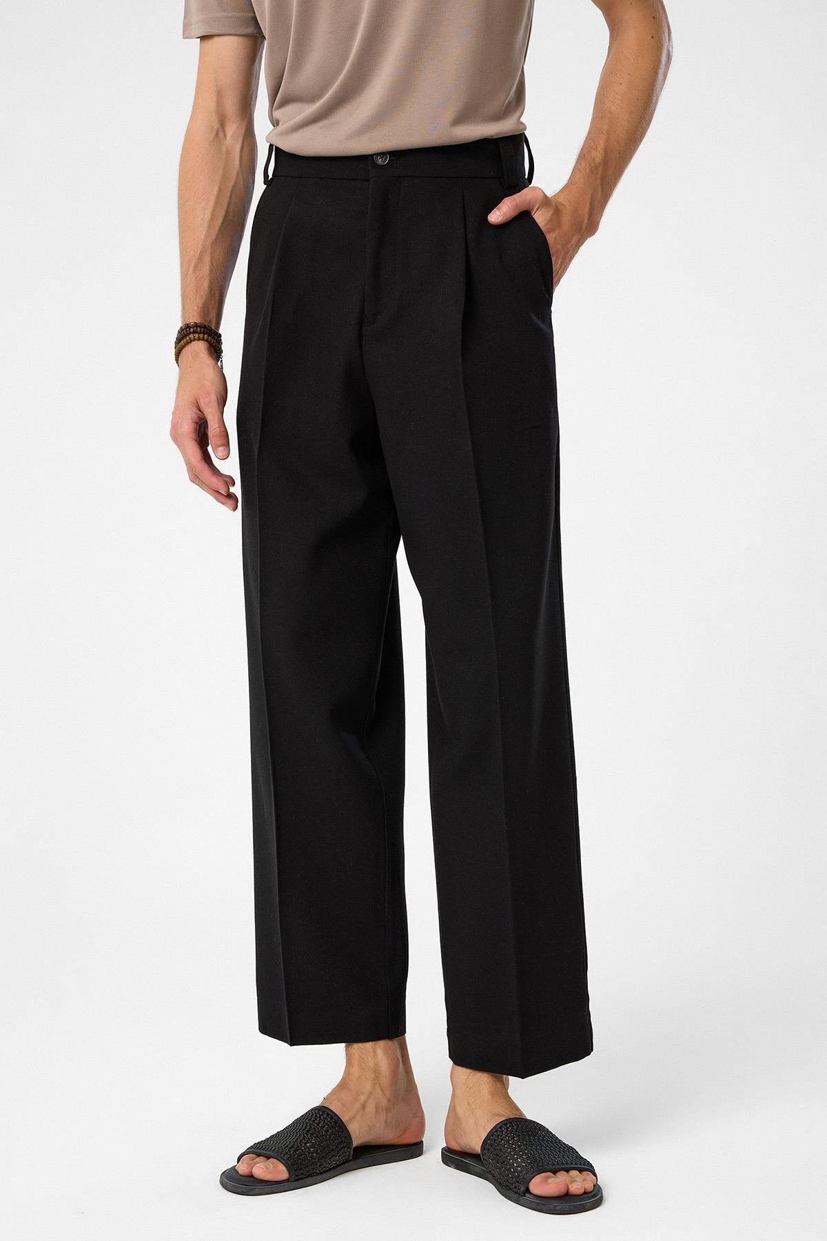 Antioch-Siyah Yüksek Bel Pileli Relax Fit Erkek Pantolon-Kumaş Pantolon-1-Milagron.com