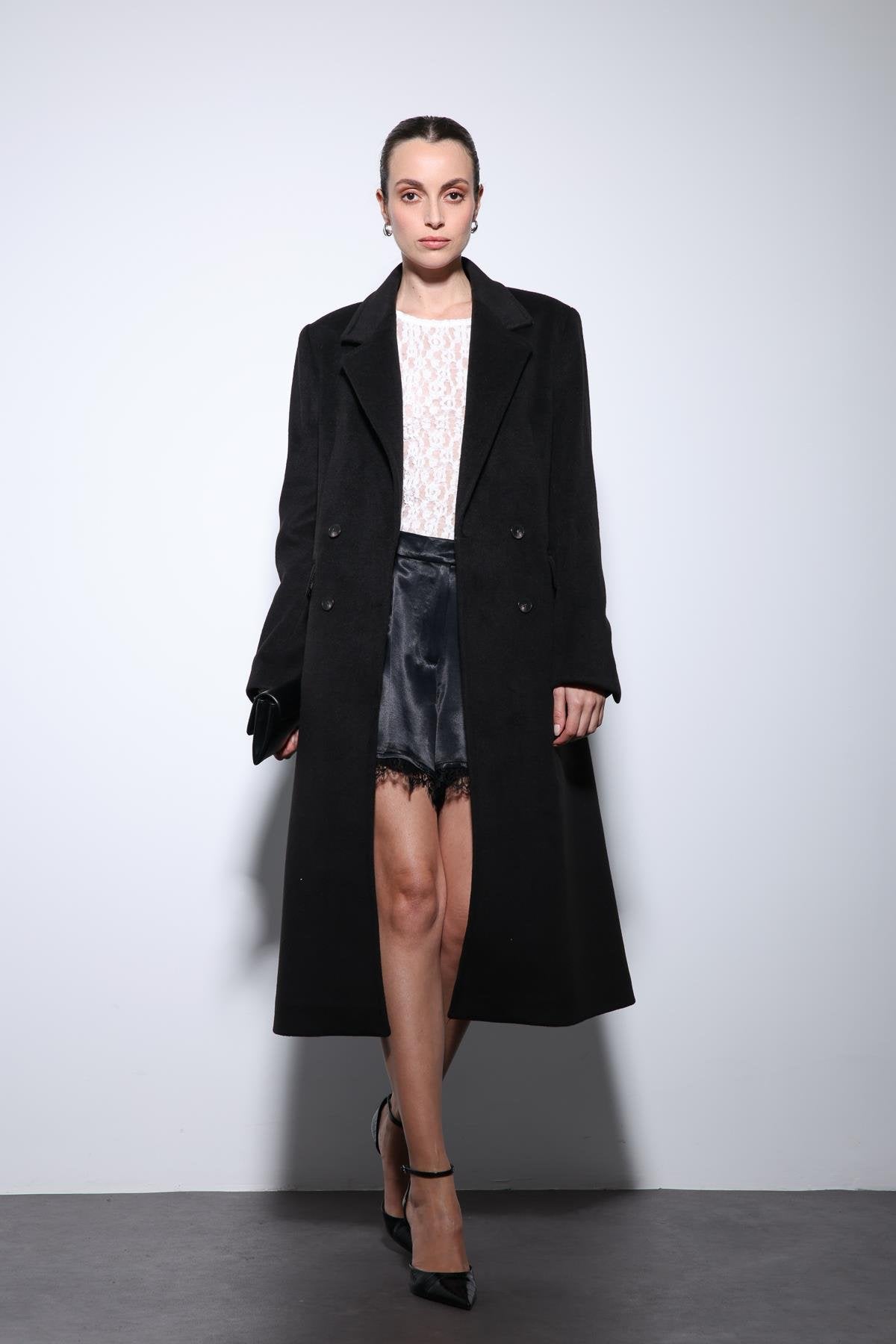 Antioch-Siyah Yün Karışımlı Kruvaze Kadın Kaban-Kaban-5-Milagron.com