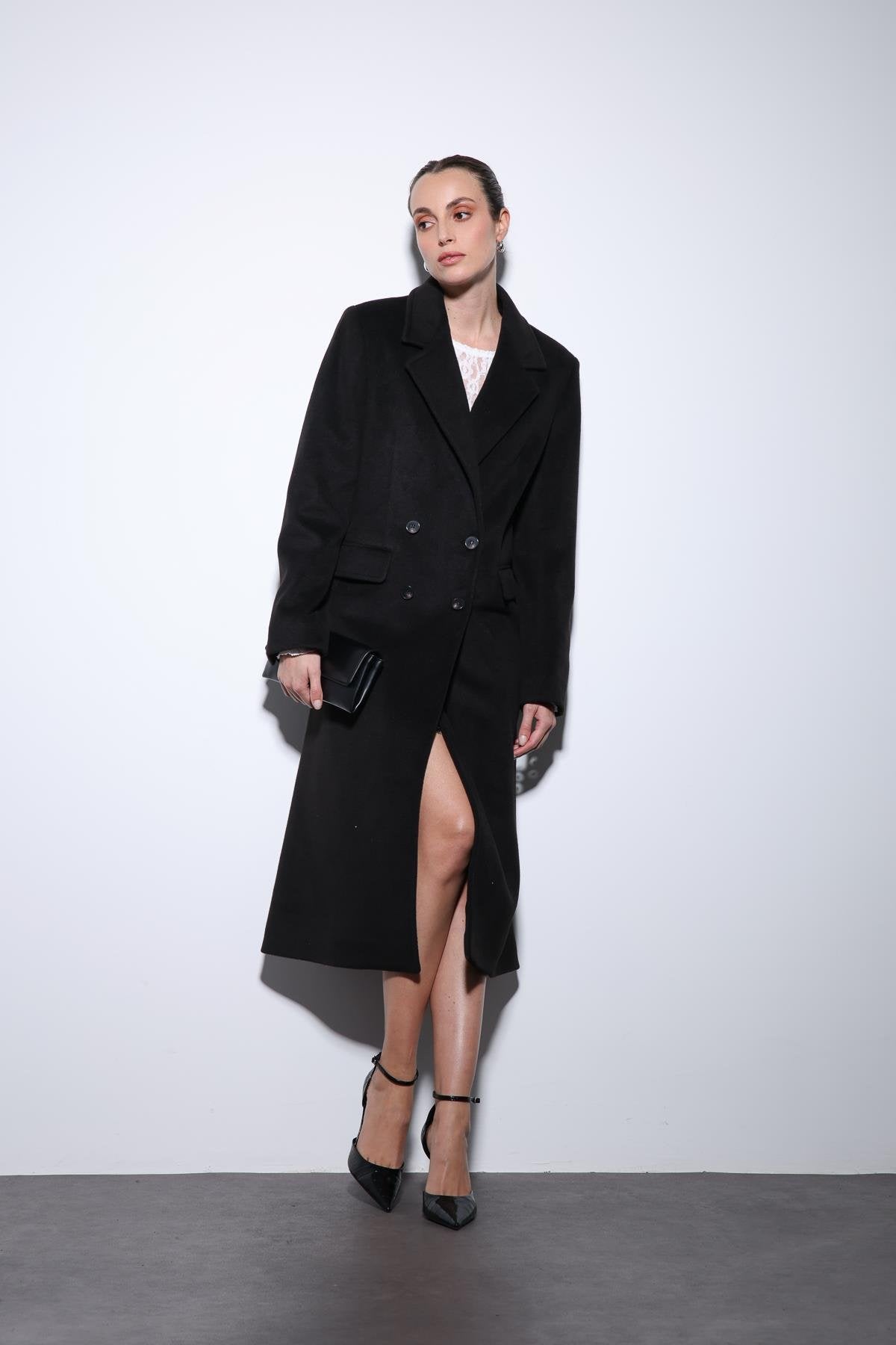 Antioch-Siyah Yün Karışımlı Kruvaze Kadın Kaban-Kaban-6-Milagron.com