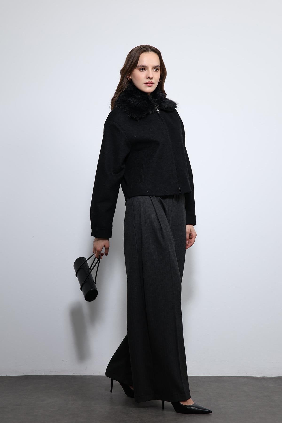 Antioch-Siyah Yün Karışımlı Suni Kürk Yaka Ceket-Ceket-1-Milagron.com