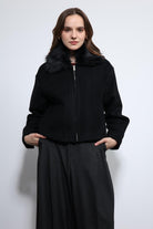 Antioch-Siyah Yün Karışımlı Suni Kürk Yaka Ceket-Ceket-6-Milagron.com