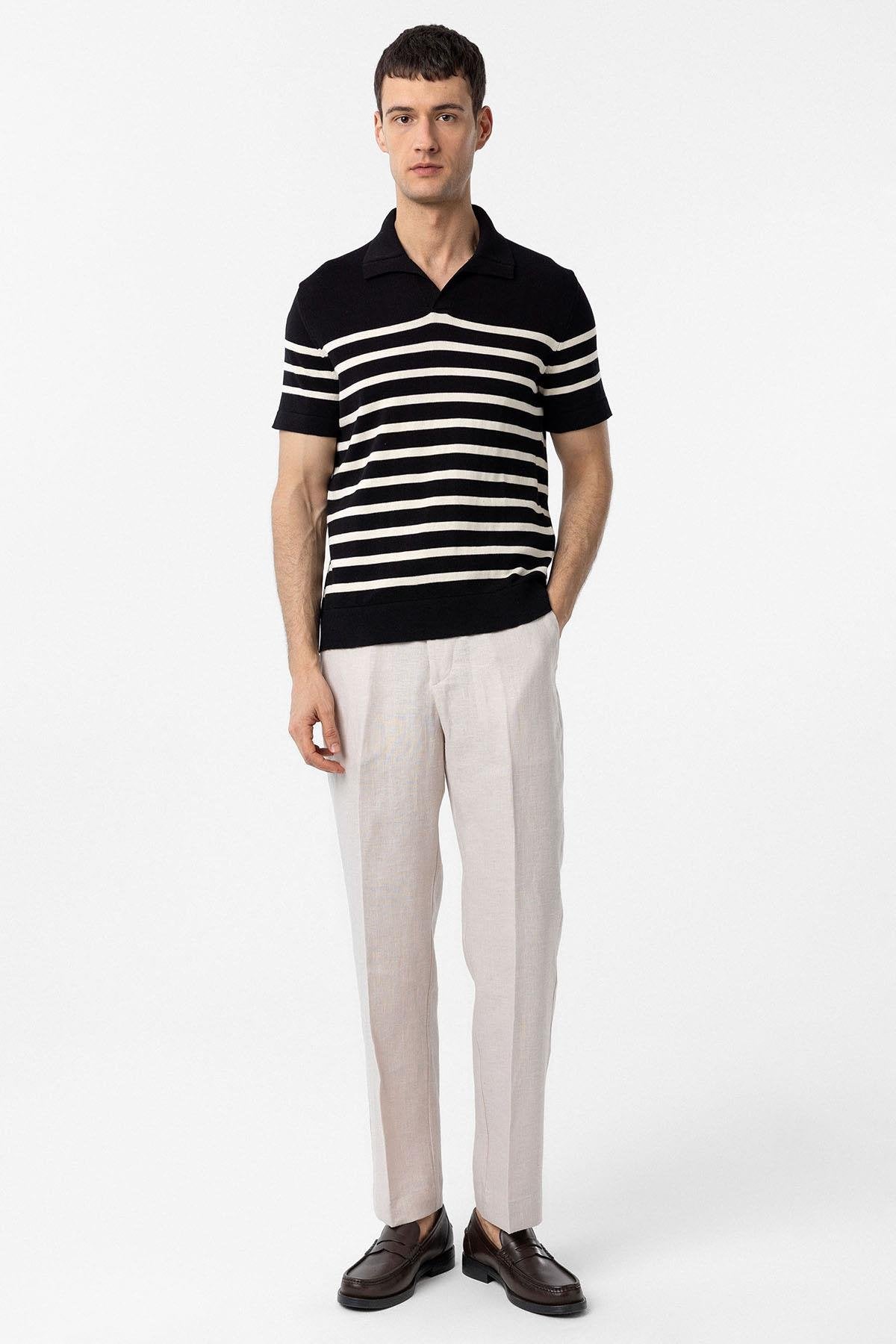 Antioch-Siyah/Ekru Polo Yaka Çizgili Erkek Triko T Shirt-T-Shirts-3-Milagron.com