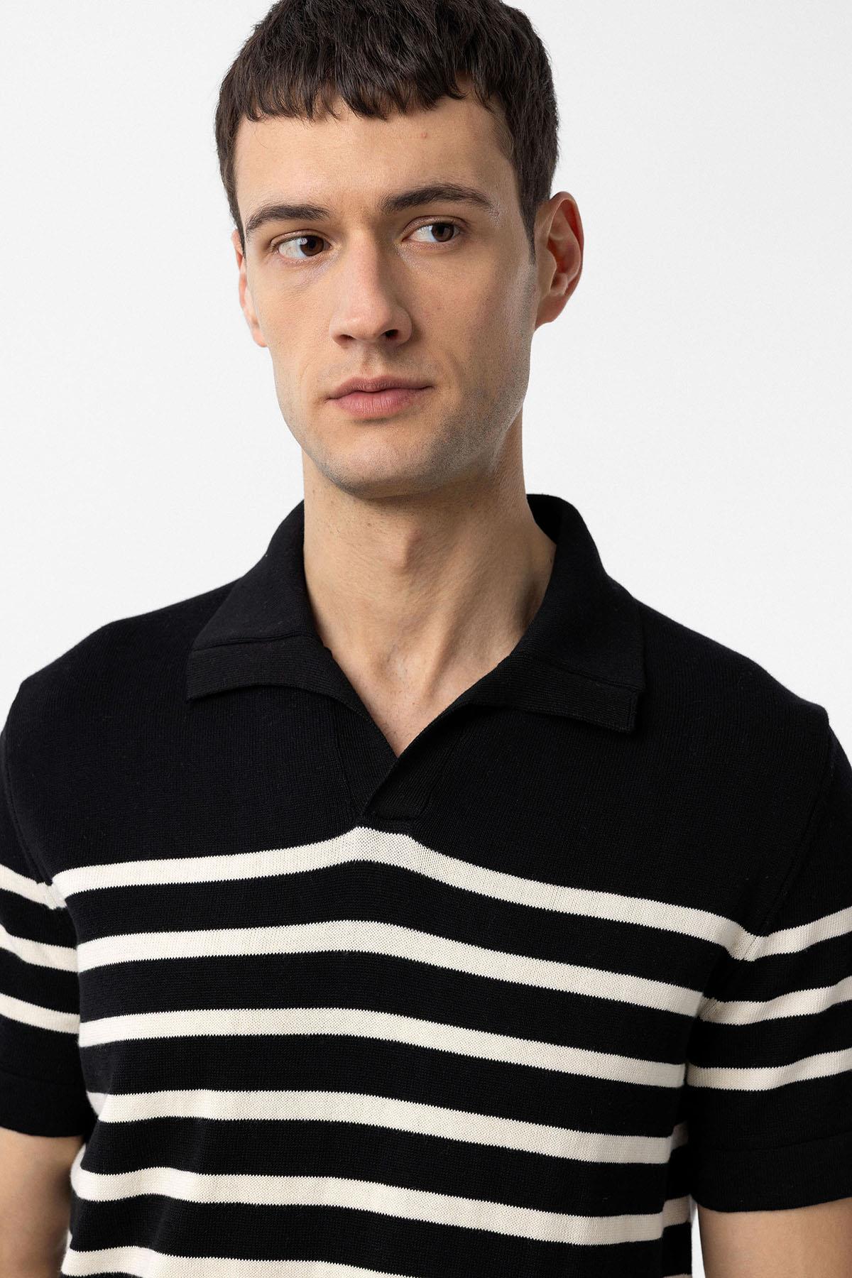 Antioch-Siyah/Ekru Polo Yaka Çizgili Erkek Triko T Shirt-T-Shirts-4-Milagron.com