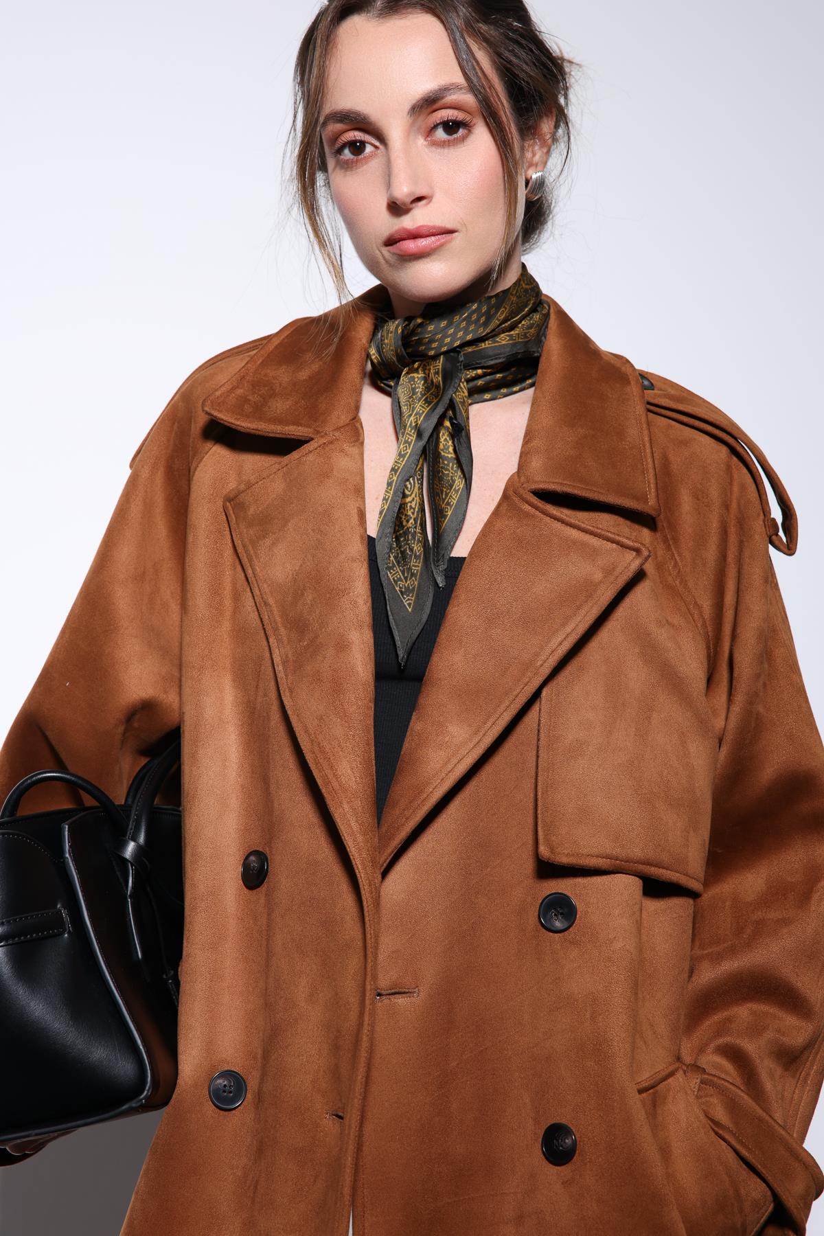 Antioch-Taba Kruvaze Süet Görünümlü Premium Kadın Trençkot-Trençkot-4-Milagron.com