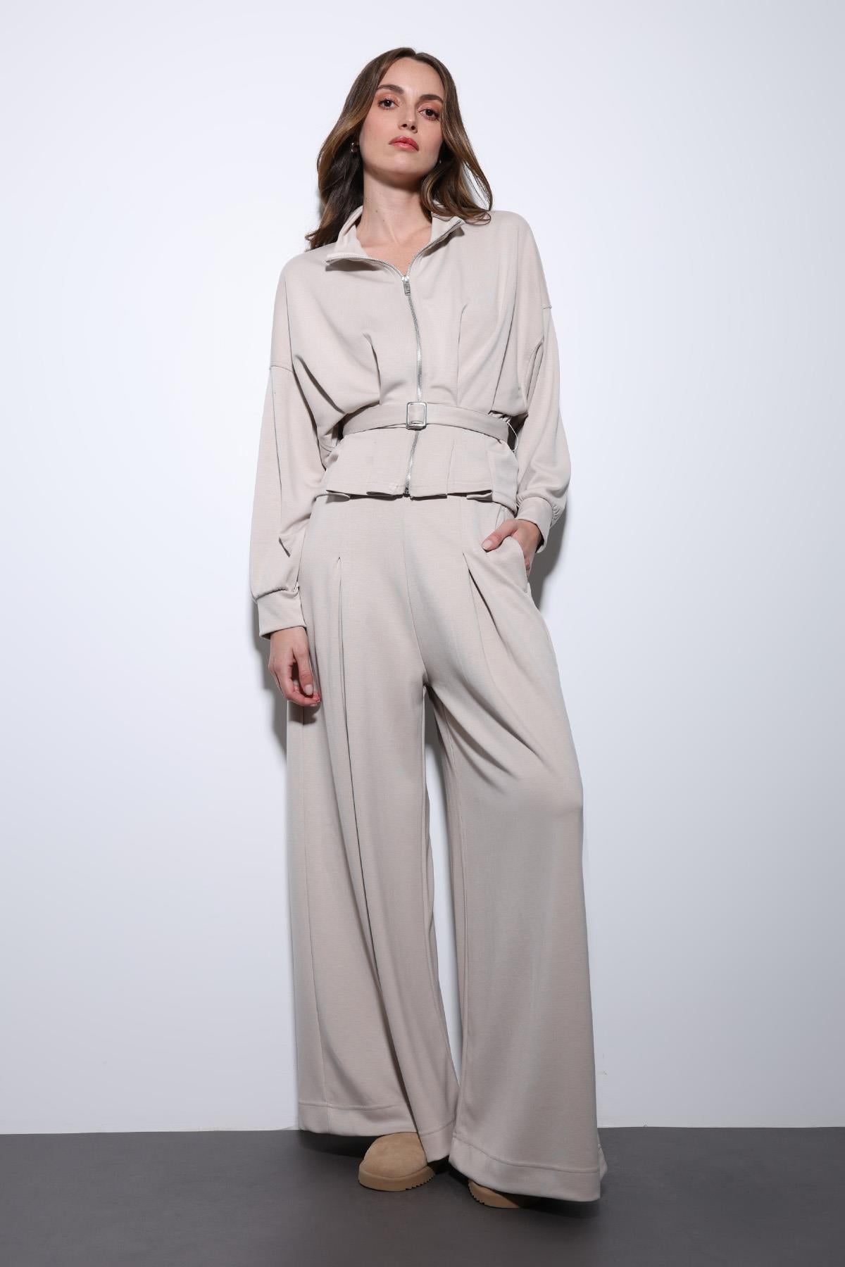 Antioch-Taş Bel Kemerli Geniş Paça Pantolonlu Takım-Takım-3-Milagron.com