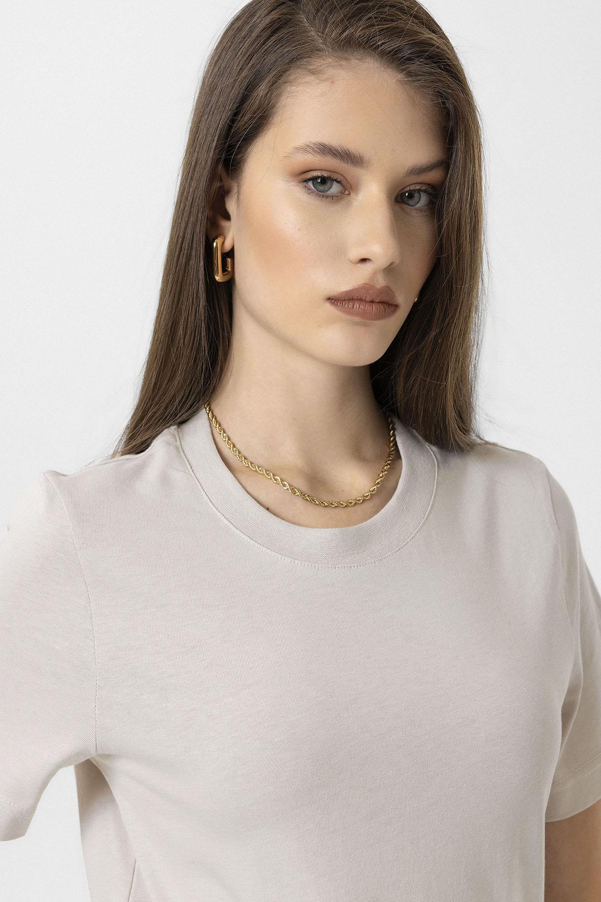 Antioch-Taş Kadın Bisiklet Yaka Basic T Shirt-T-Shirts-4-Milagron.com