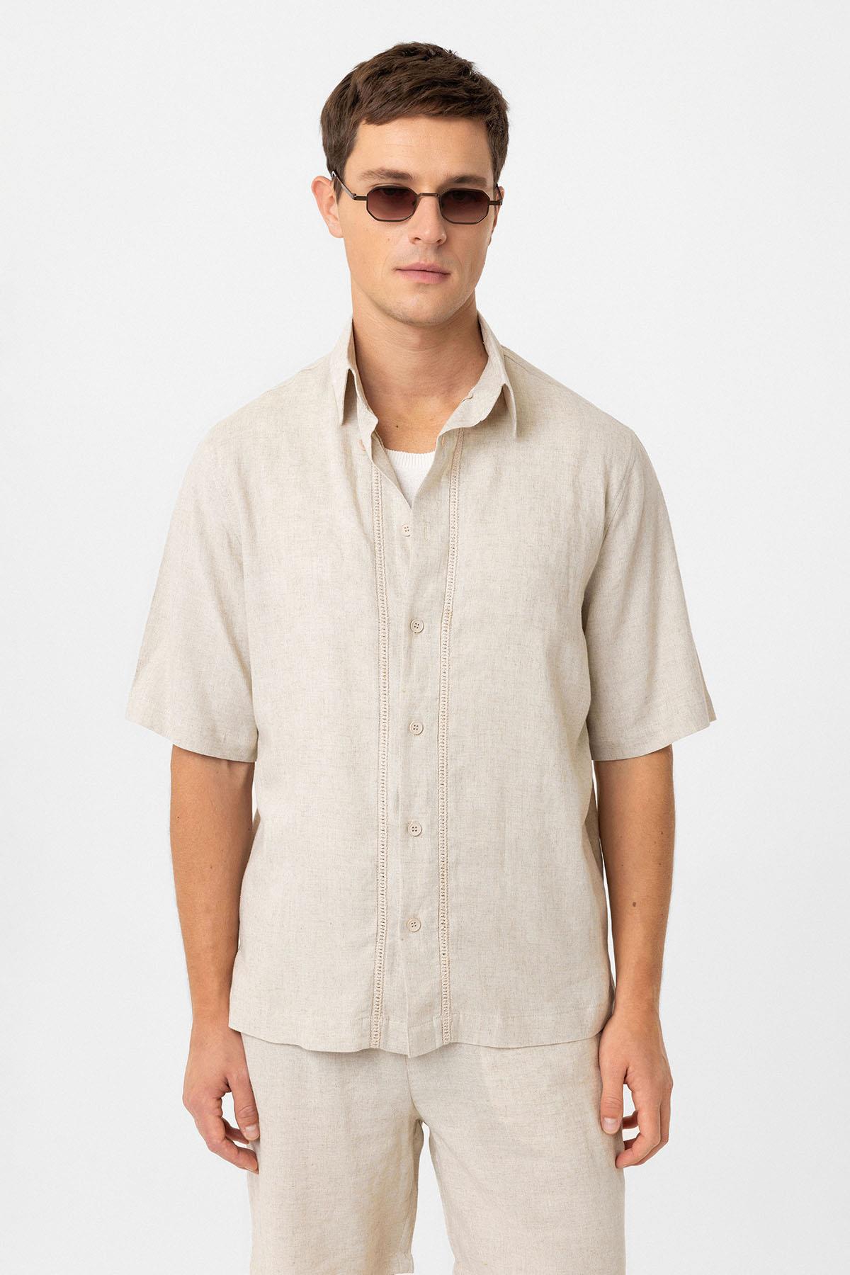 Antioch-Taş Keten Karışımlı Relaxed Erkek Gömlek-Gömlek-1-Milagron.com