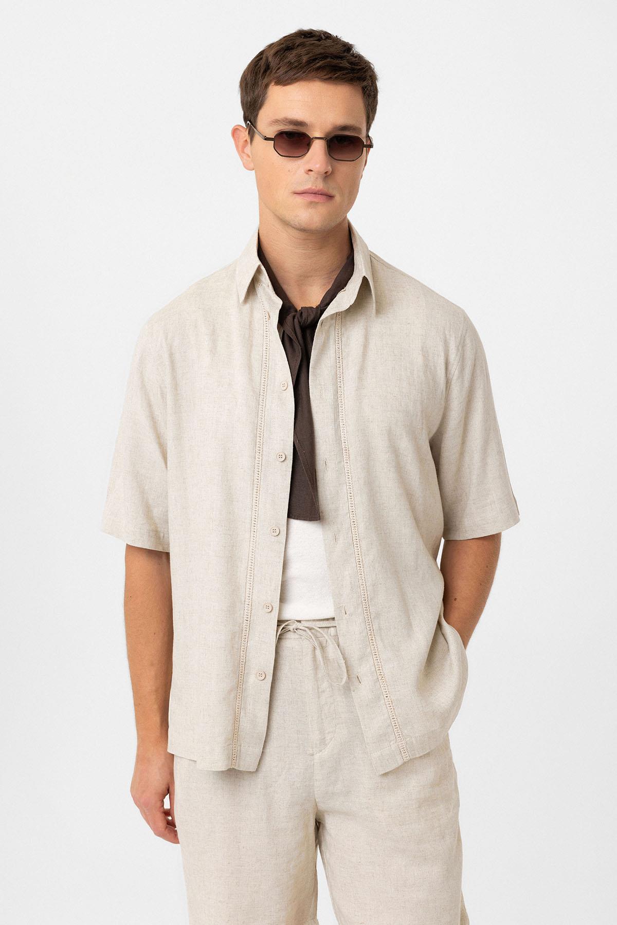 Antioch-Taş Keten Karışımlı Relaxed Erkek Gömlek-Gömlek-2-Milagron.com