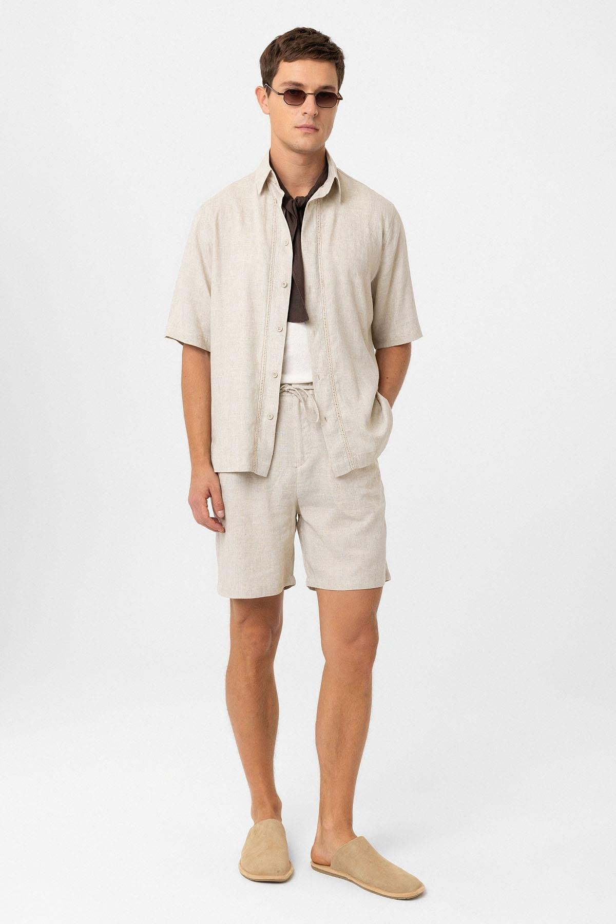 Antioch-Taş Keten Karışımlı Relaxed Erkek Gömlek-Gömlek-3-Milagron.com