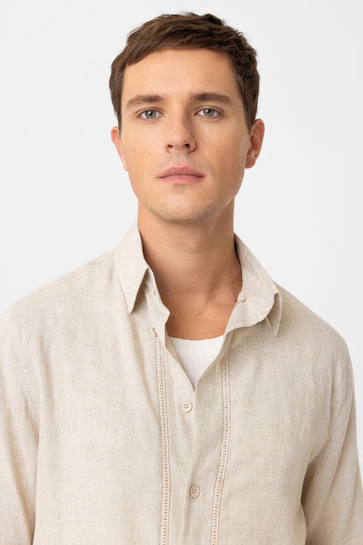 Antioch-Taş Keten Karışımlı Relaxed Erkek Gömlek-Gömlek-4-Milagron.com