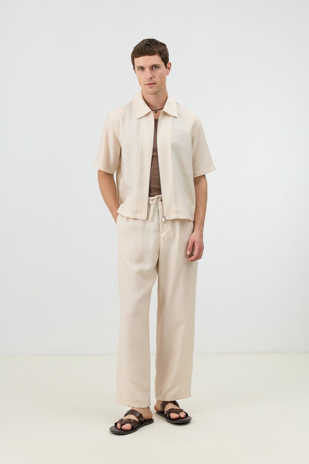 Antioch Taş Lyocell Karışımlı Fermuarlı Erkek Gömlek