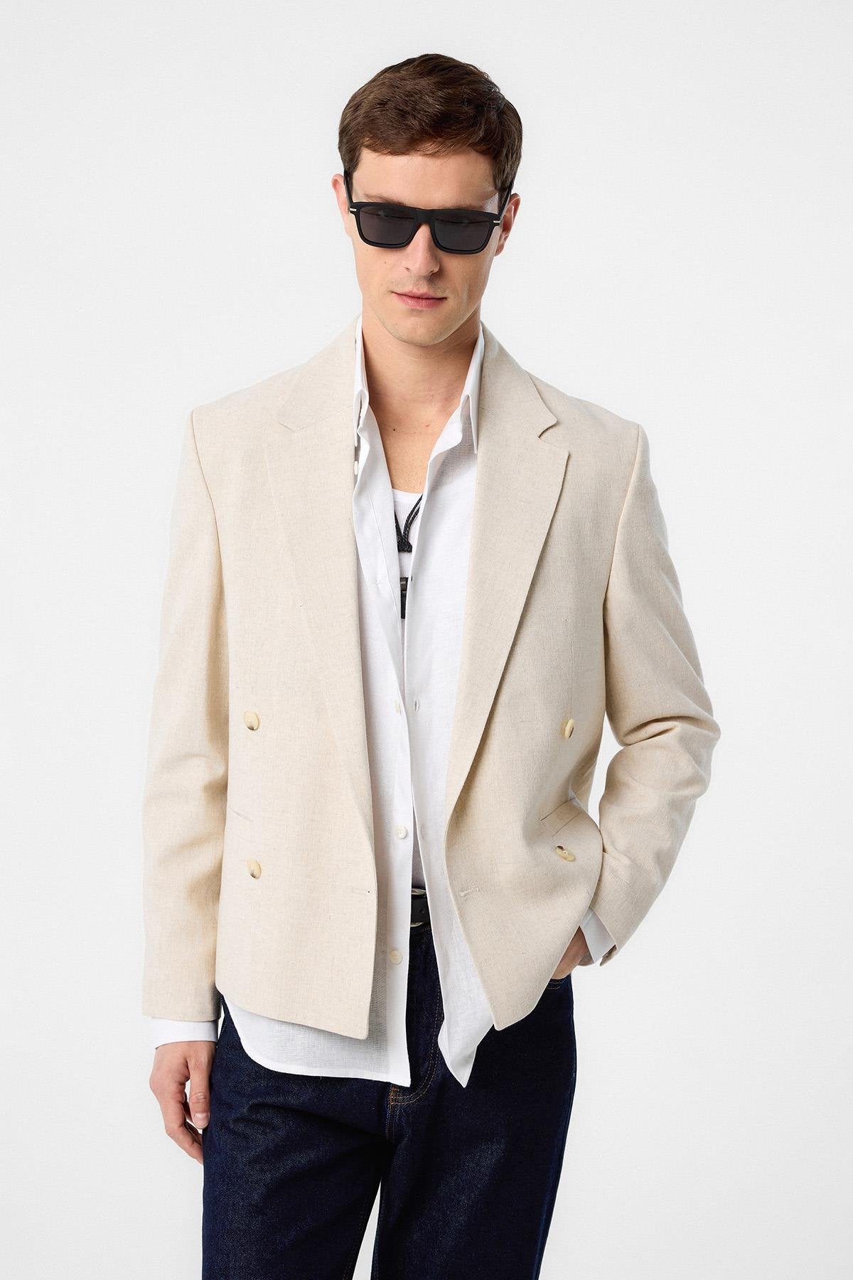 Antioch-Taş Relax Fit Kruvaze Crop Erkek Blazer Ceket-Blazer Ceket-1-Milagron.com