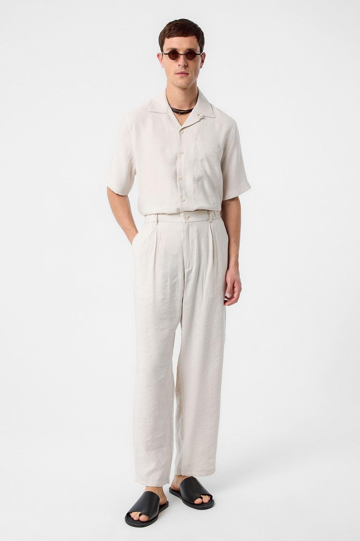 Antioch-Taş Relaxed Modal Kumaş Yüksek Bel Erkek Pantolon-Kumaş Pantolon-2-Milagron.com