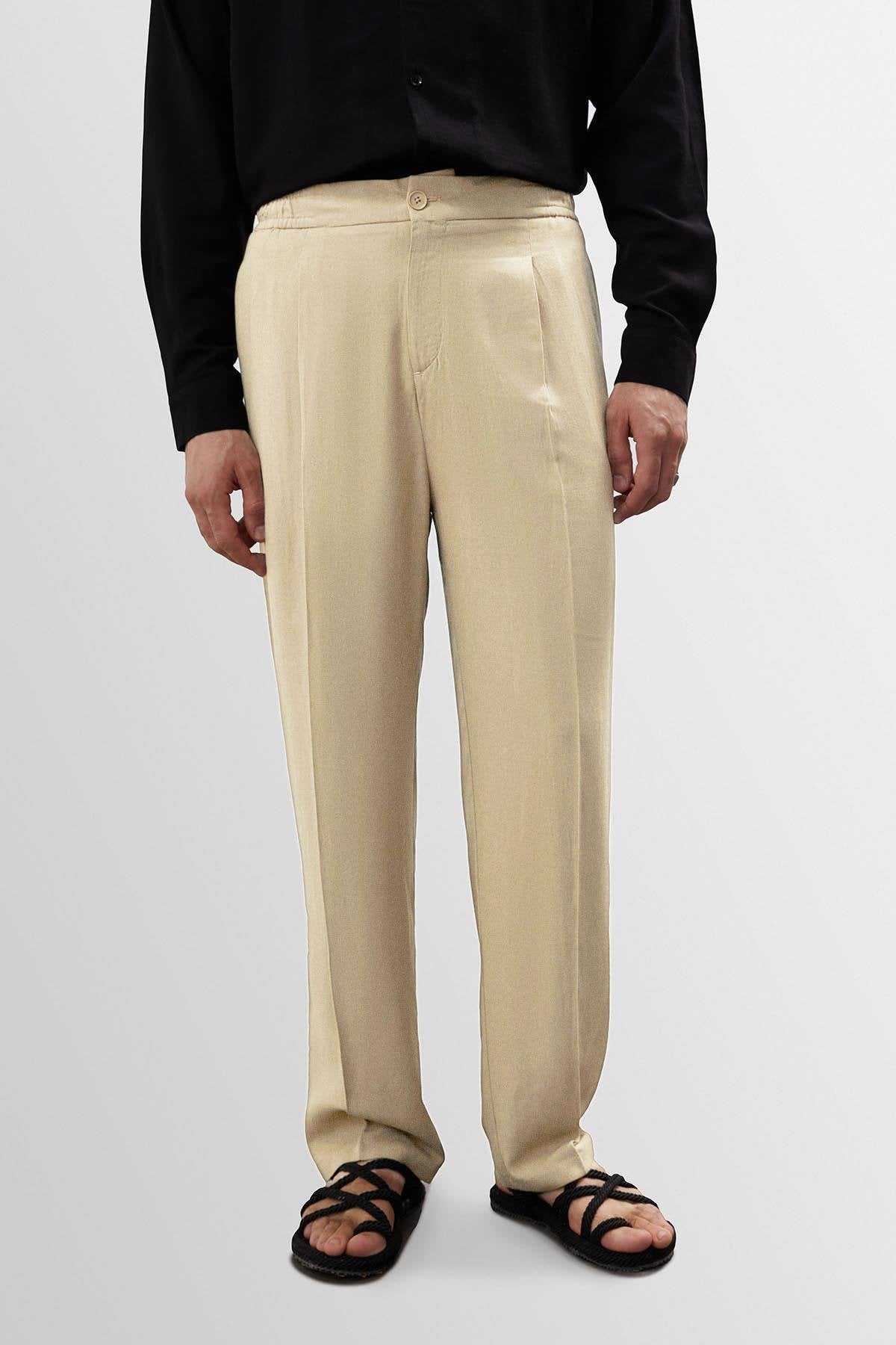 Antioch-Taş Yüksek Bel Pileli Keten Karışımlı Erkek Pantolon-Kumaş Pantolon-1-Milagron.com