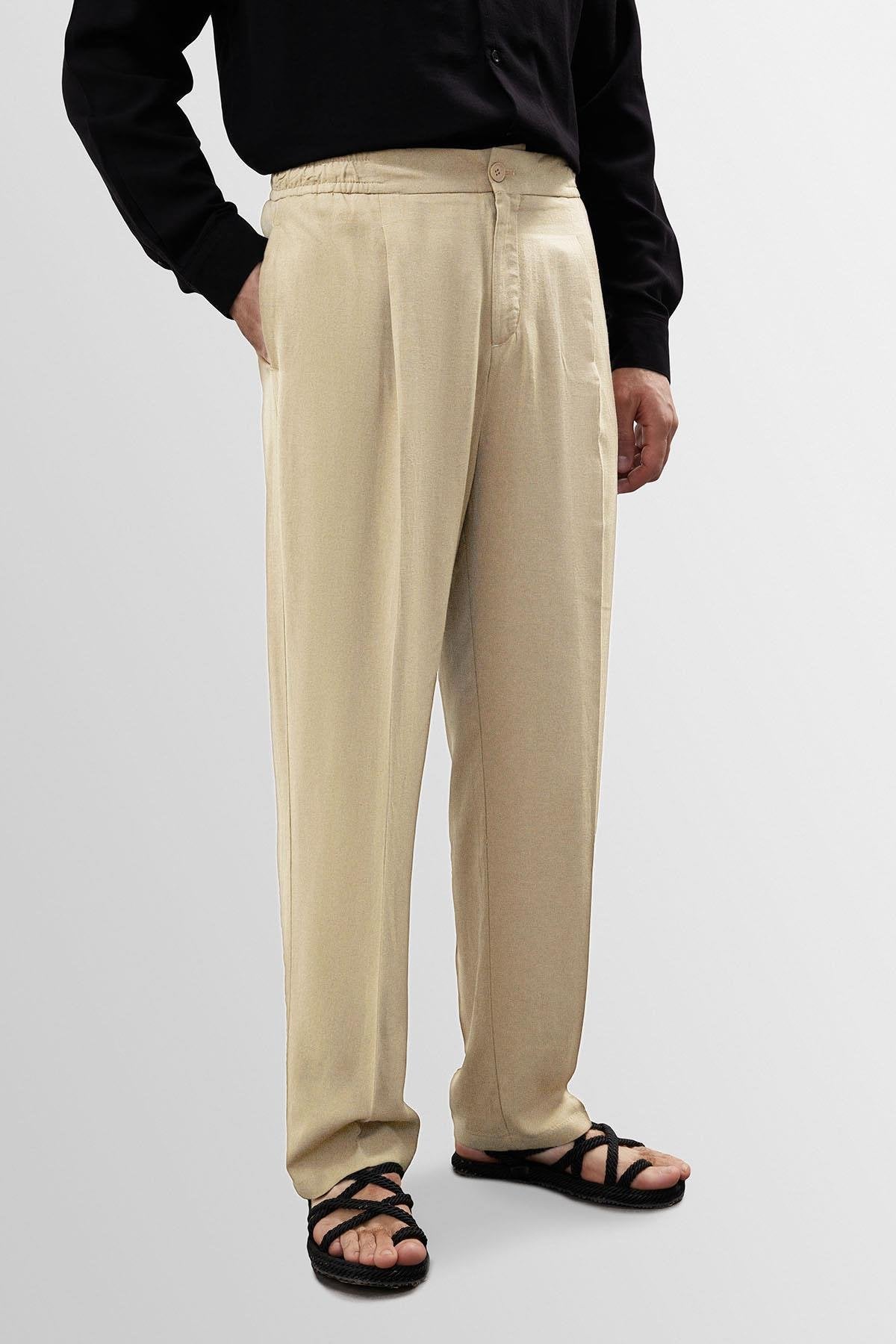 Antioch-Taş Yüksek Bel Pileli Keten Karışımlı Erkek Pantolon-Kumaş Pantolon-2-Milagron.com