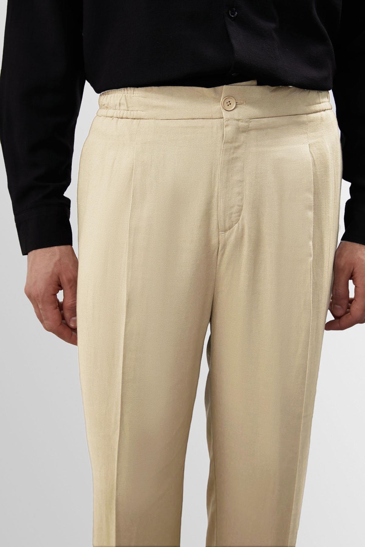 Antioch-Taş Yüksek Bel Pileli Keten Karışımlı Erkek Pantolon-Kumaş Pantolon-4-Milagron.com