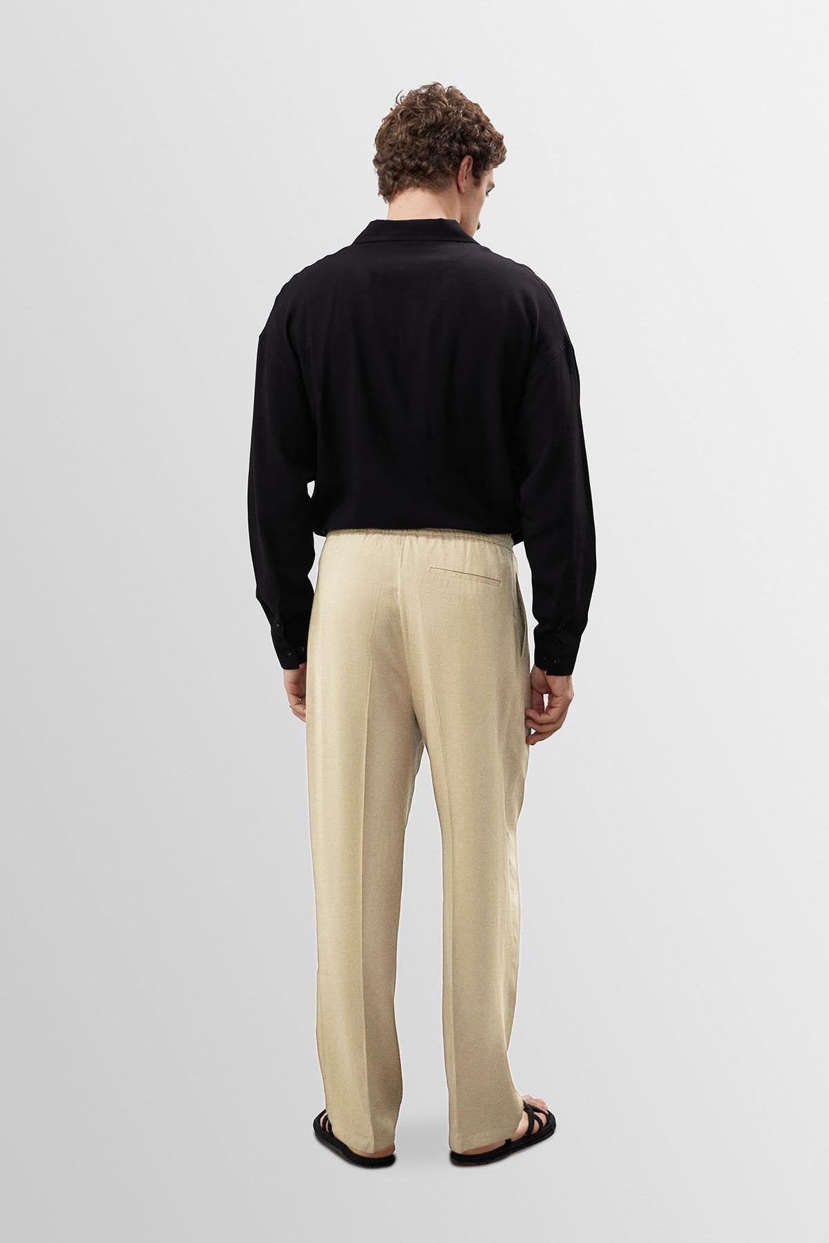 Antioch-Taş Yüksek Bel Pileli Keten Karışımlı Erkek Pantolon-Kumaş Pantolon-5-Milagron.com