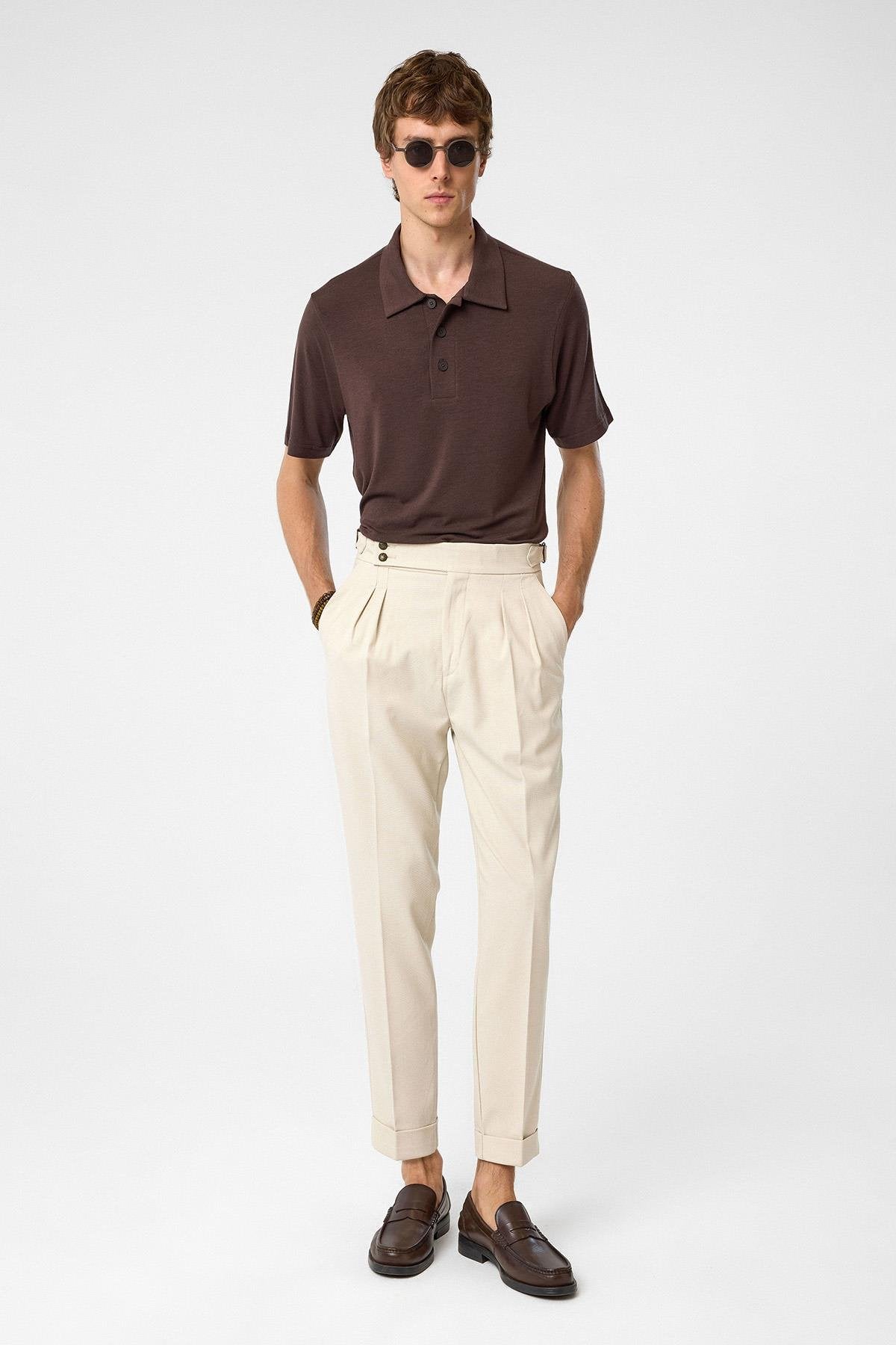 Antioch-Taş Yüksek Bel Yandan Tokalı Pileli Kumaş Pantolon-Kumaş Pantolon-2-Milagron.com