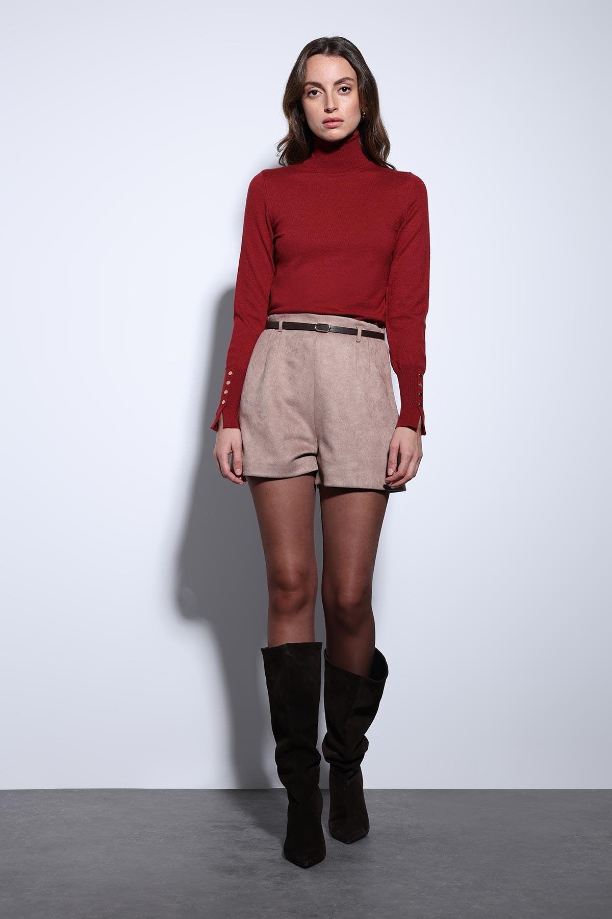 Antioch-Antioch Vizon Süet Görünümlü Pileli Kadın şort-Şort-3-Milagron.com