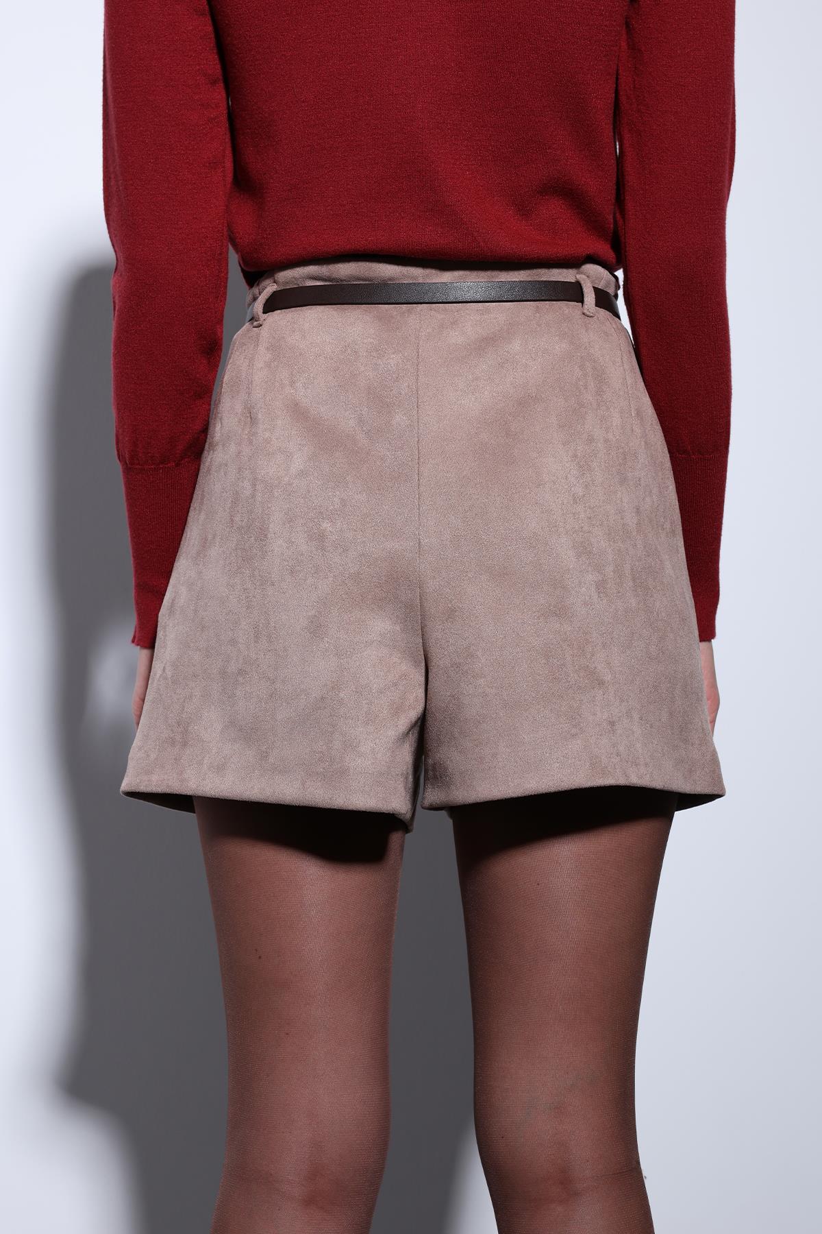 Antioch-Antioch Vizon Süet Görünümlü Pileli Kadın şort-Şort-5-Milagron.com