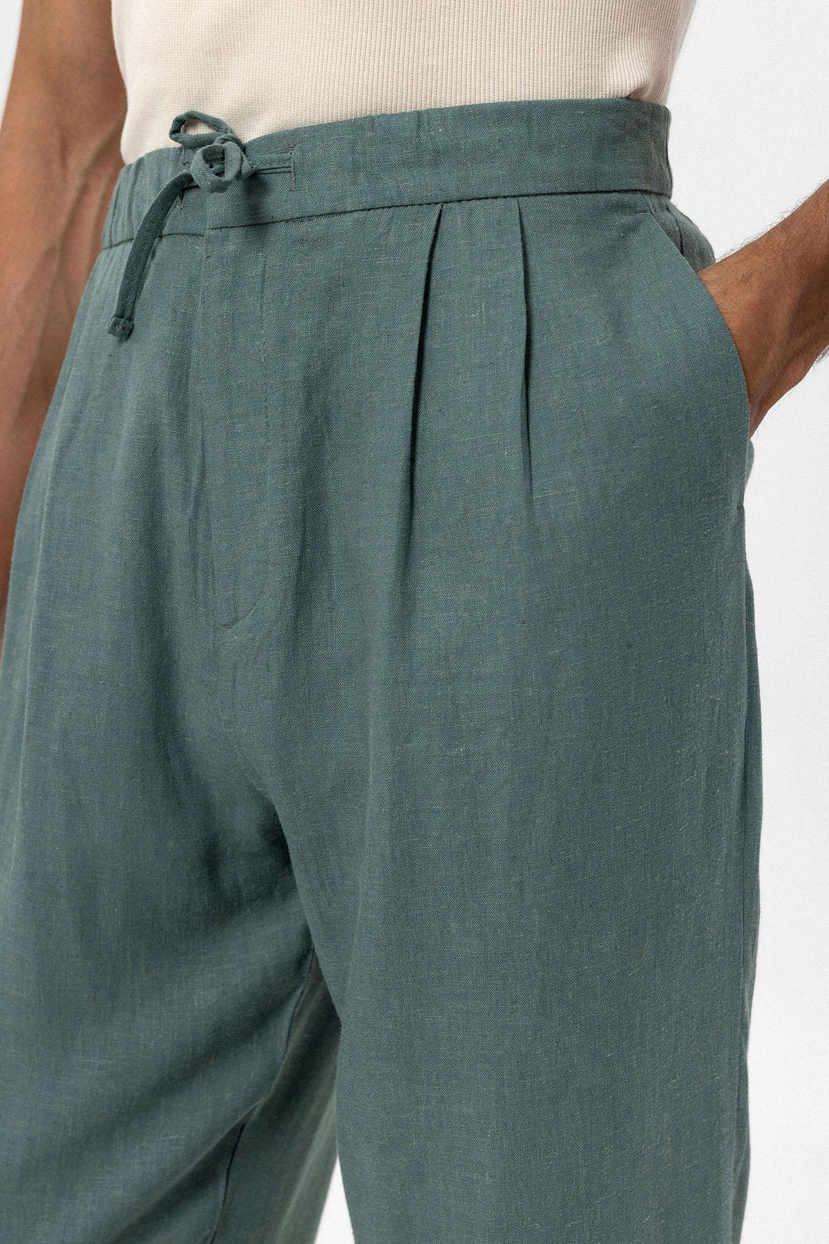 Antioch-Yeşil Bel Bağlamalı Keten Karışımlı Baggy Erkek Pantolon-Pantolon-4-Milagron.com