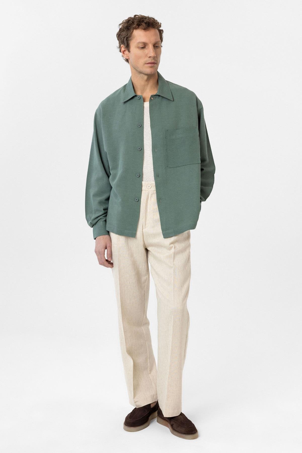 Antioch-Yeşil Keten Karışımlı Relaxed Erkek Gömlek-Gömlek-2-Milagron.com