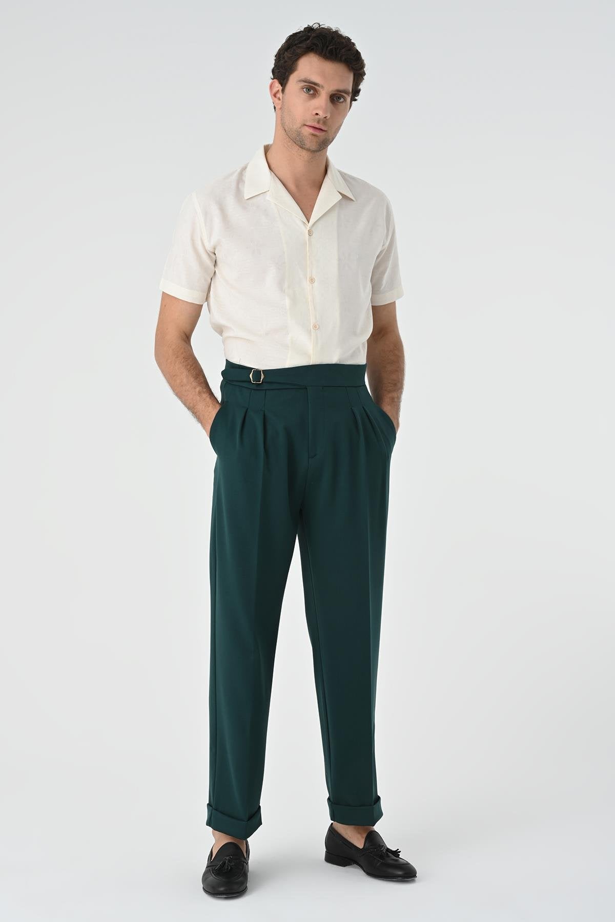 Antioch-Zümrüt Toka Detaylı Pileli Yüksek Bel Erkek Pantolon-Kumaş Pantolon-3-Milagron.com