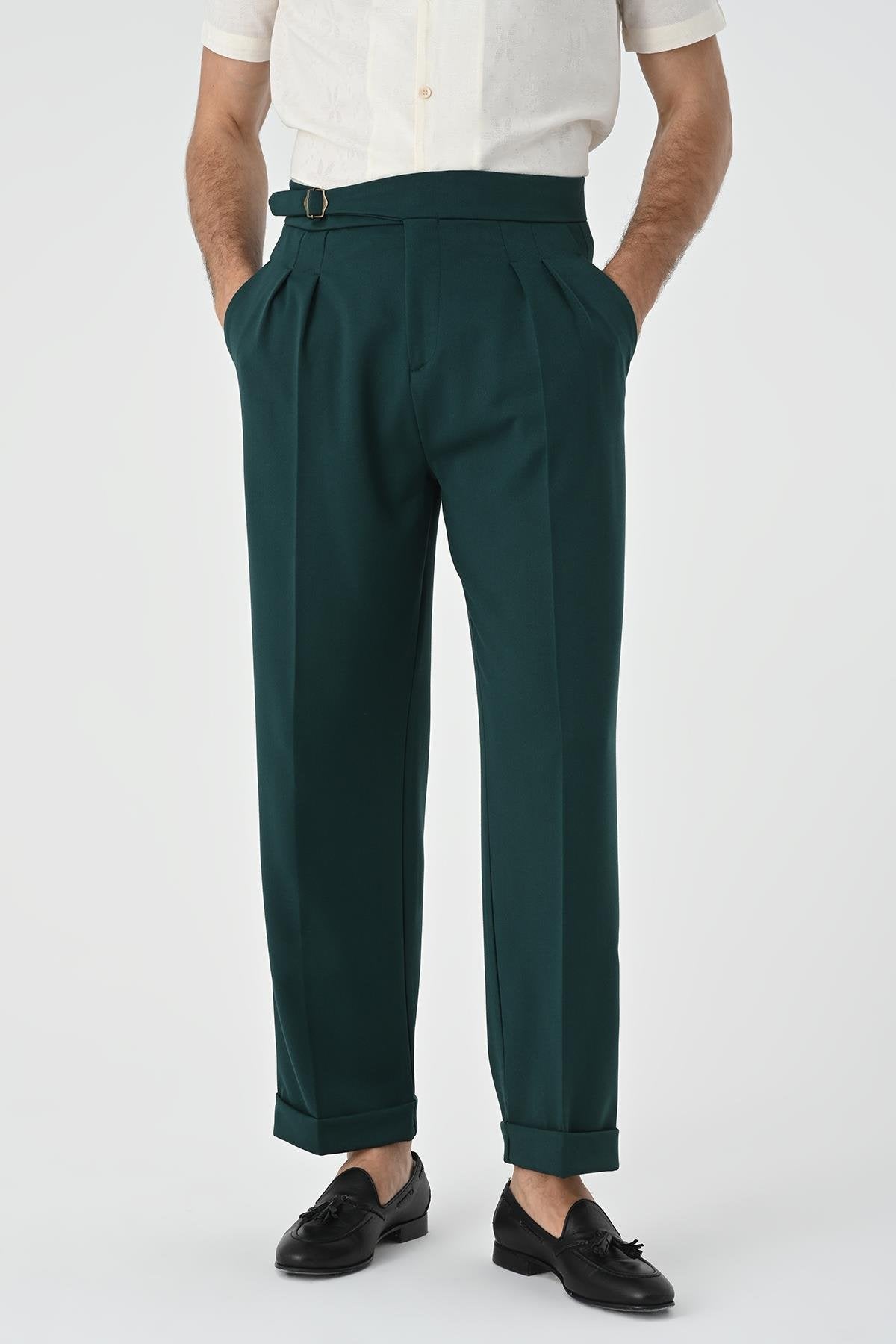 Antioch-Zümrüt Toka Detaylı Pileli Yüksek Bel Erkek Pantolon-Kumaş Pantolon-4-Milagron.com