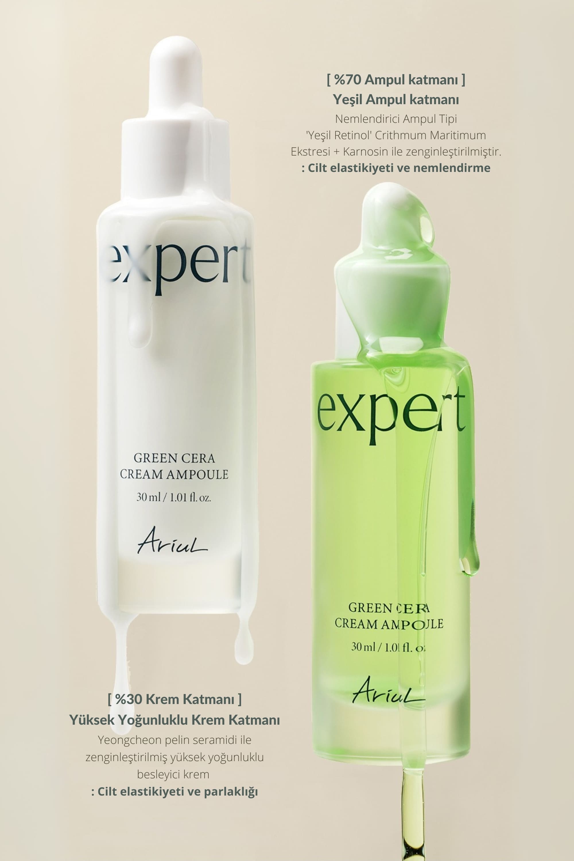 Ariul Expert Green Cera Cream Ampoule 30Ml - Elastikiyet & Cilt Bariyeri Onarıcı Seramid & Retinol Vegan Ampul