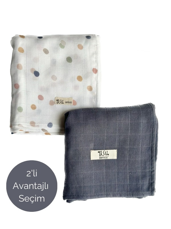 Asu Baby&Kids Mix&Match 2'Li Organik Pamuk Müslin Color Dot&Navy Blue