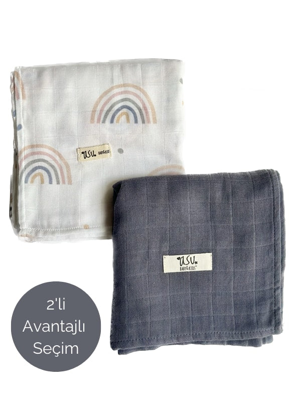 Asu Baby&Kids Mix&Match 2'Li Organik Pamuk Müslin Rainbow&Navy Blue
