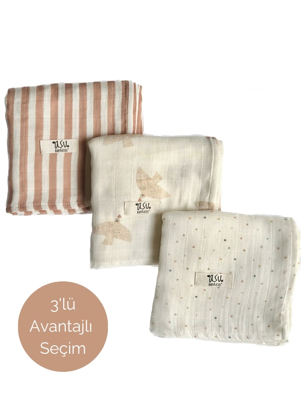 Asu Baby&Kids Mix&Match 3'Lü Organik Pamuk Müslin Freebird&Copper Stripe&Mini Dot