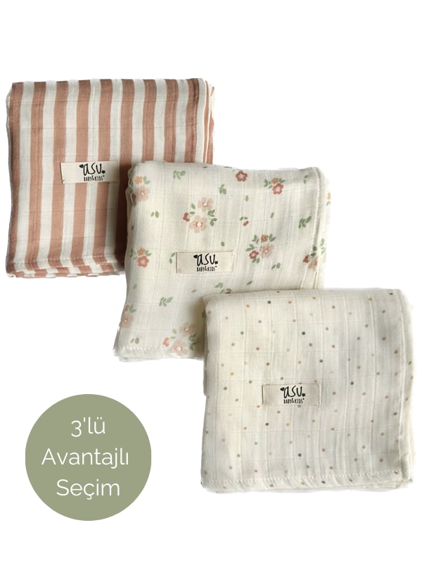 Asu Baby&Kids Mix&Match 3'Lü Organik Pamuk Müslin Romantic&Copper Stripe&Mini Dot
