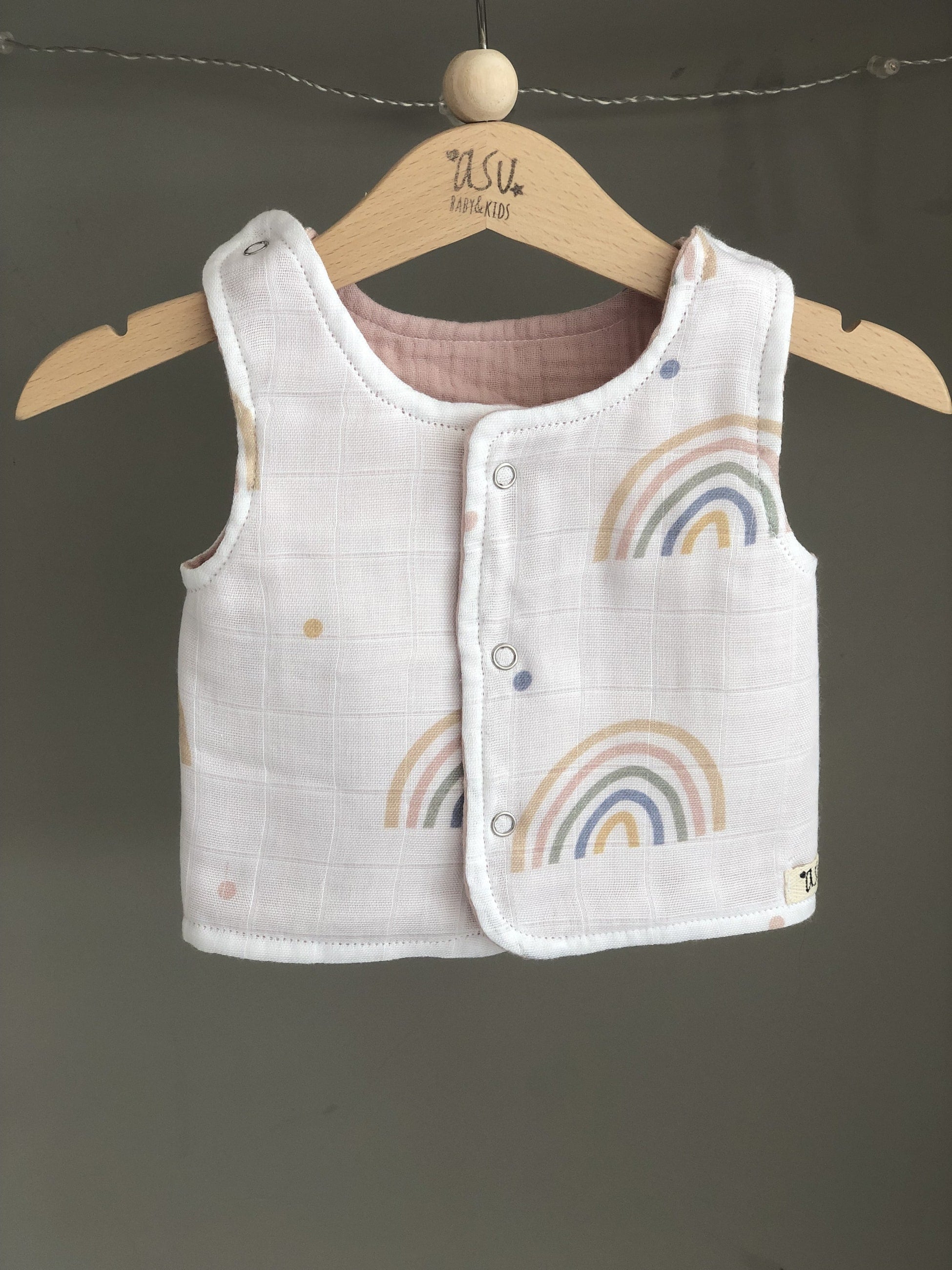  Pastel Rainbow Çift Taraflı Müslin Yelek Beyaz-Pembe