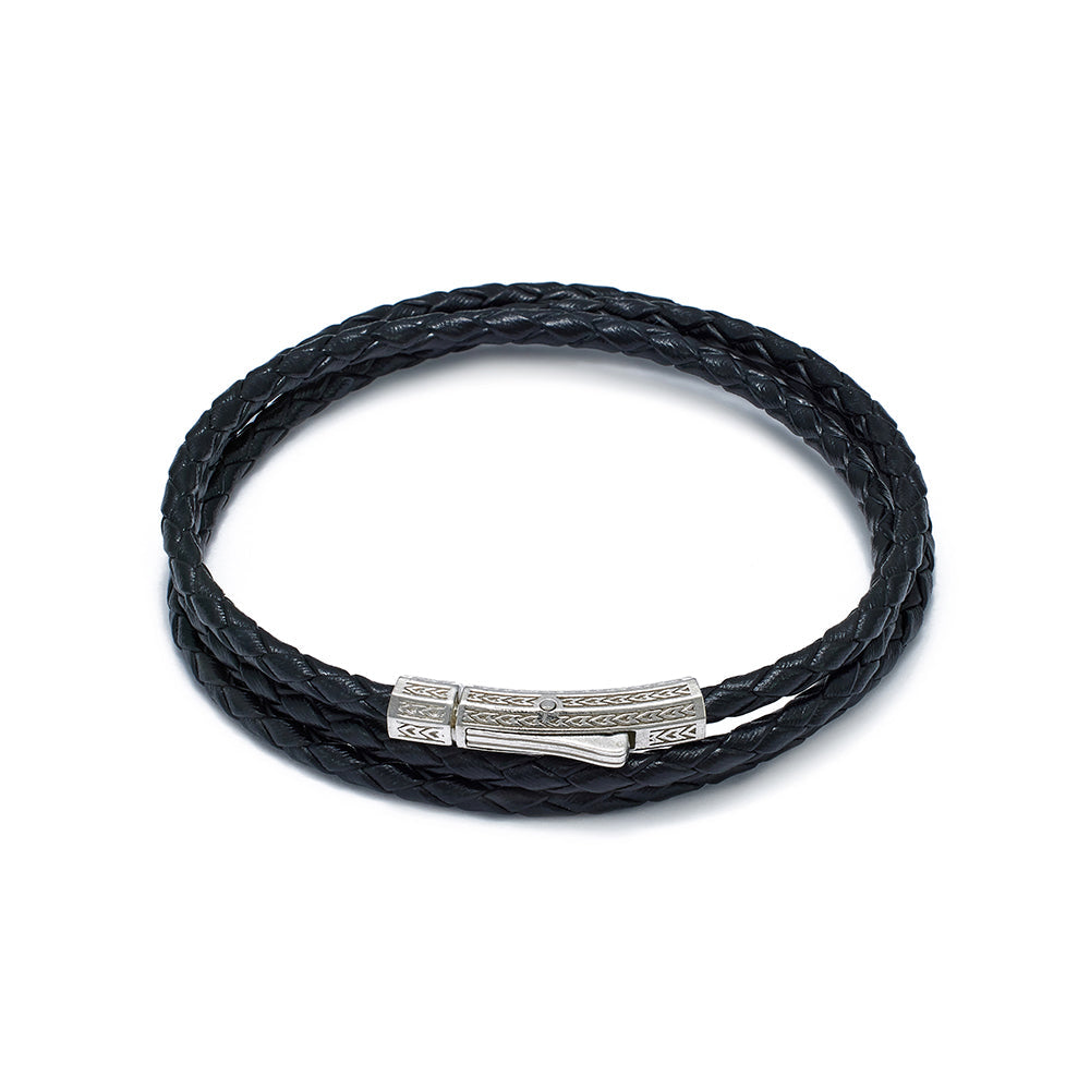 Black Triple Leather Bracelet In Silver