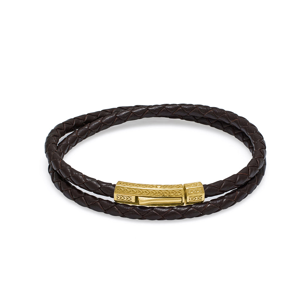 Brown Double Leather Bracelet In Gold