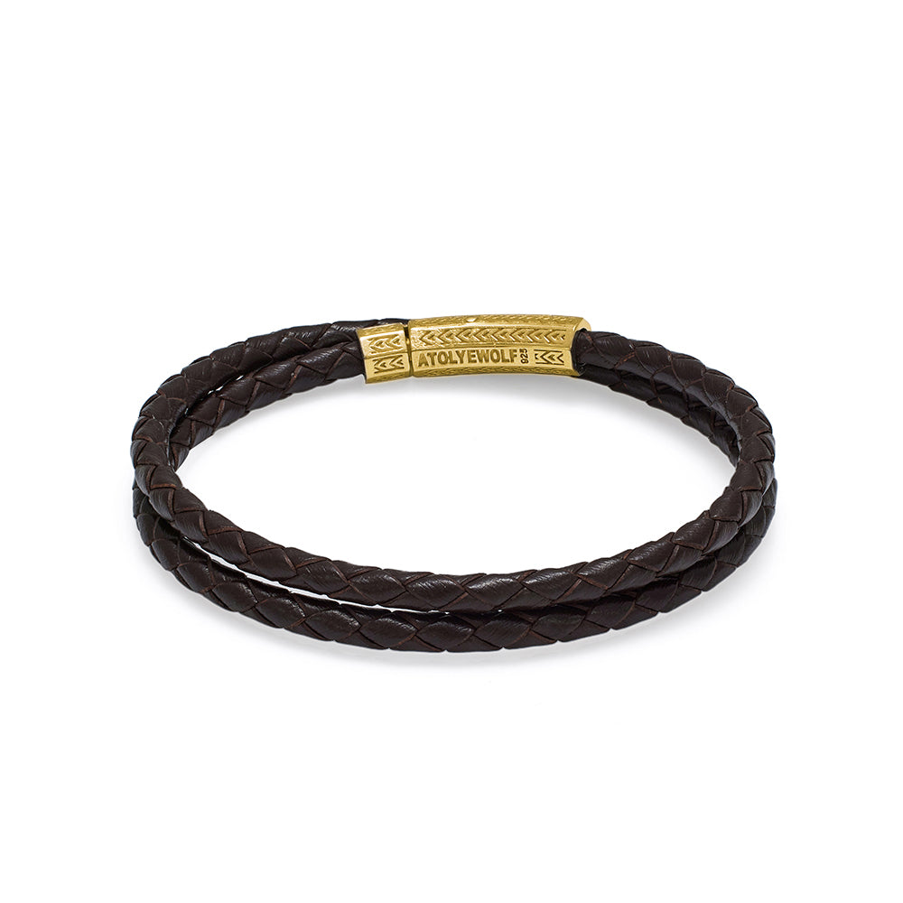 Brown Double Leather Bracelet In Gold
