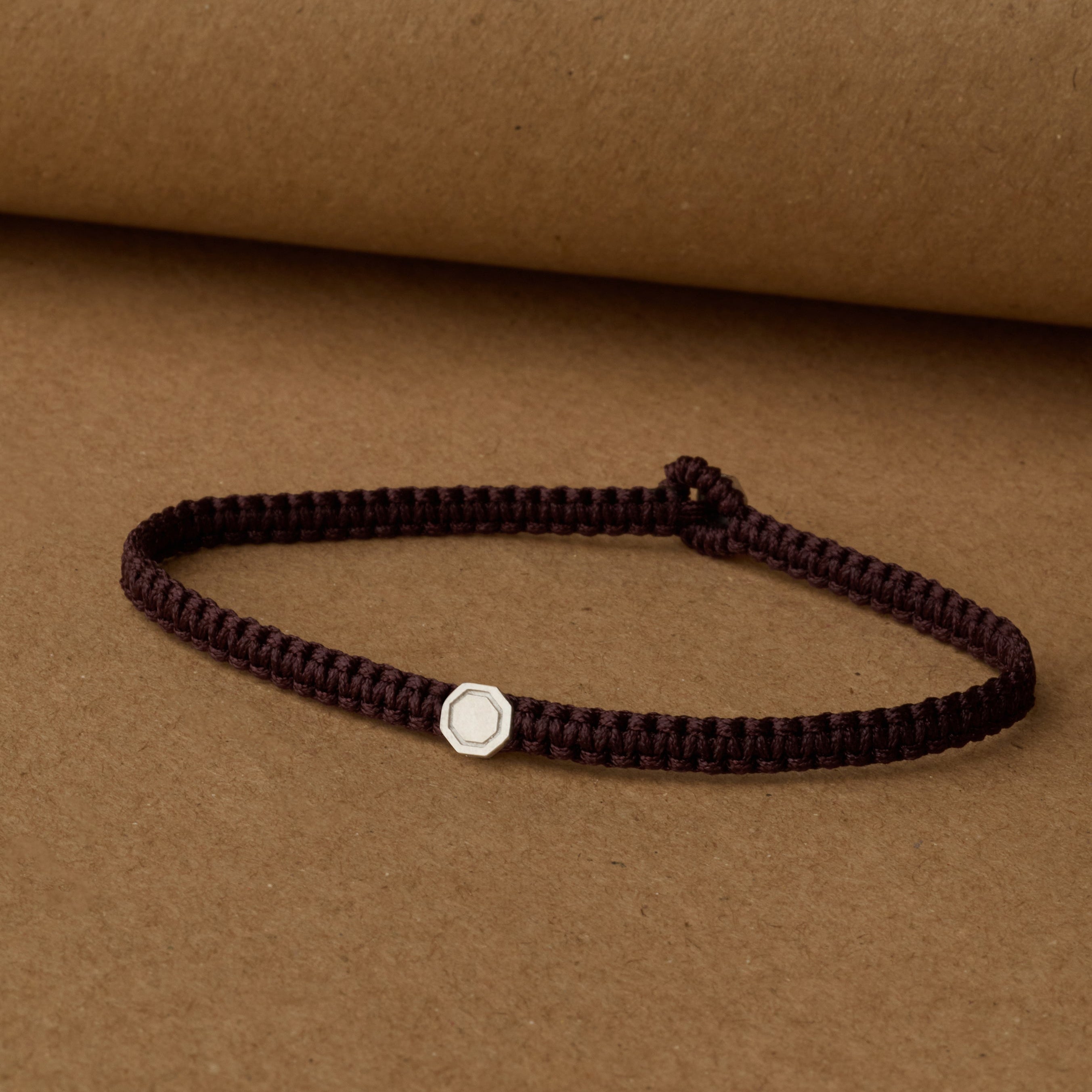 Brown Octagon Macrame Bracelet In Silver
