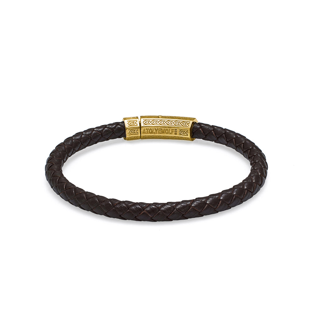 Brown Thick Leather Bracelet In Gold