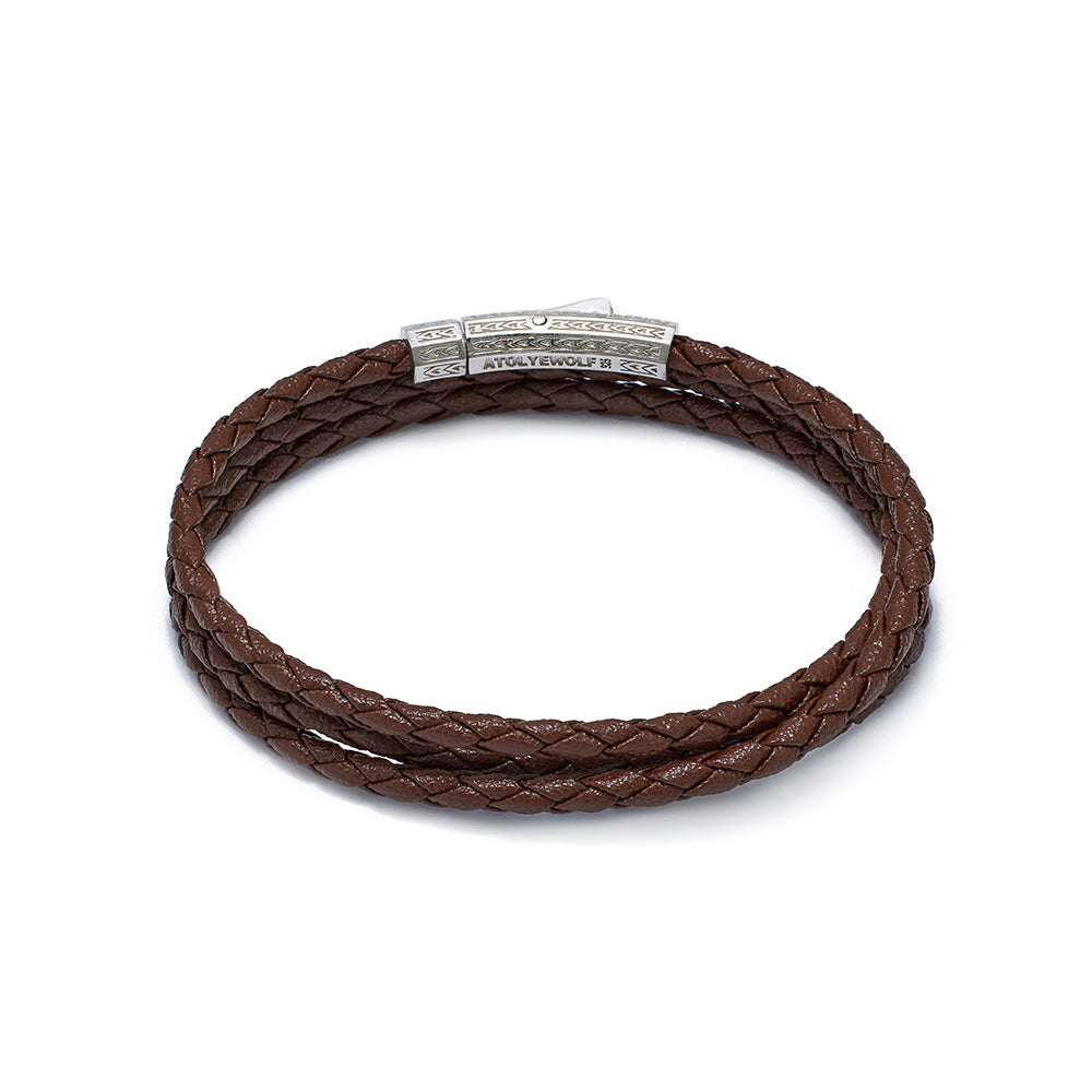 Brown Triple Leather Bracelet In Silver