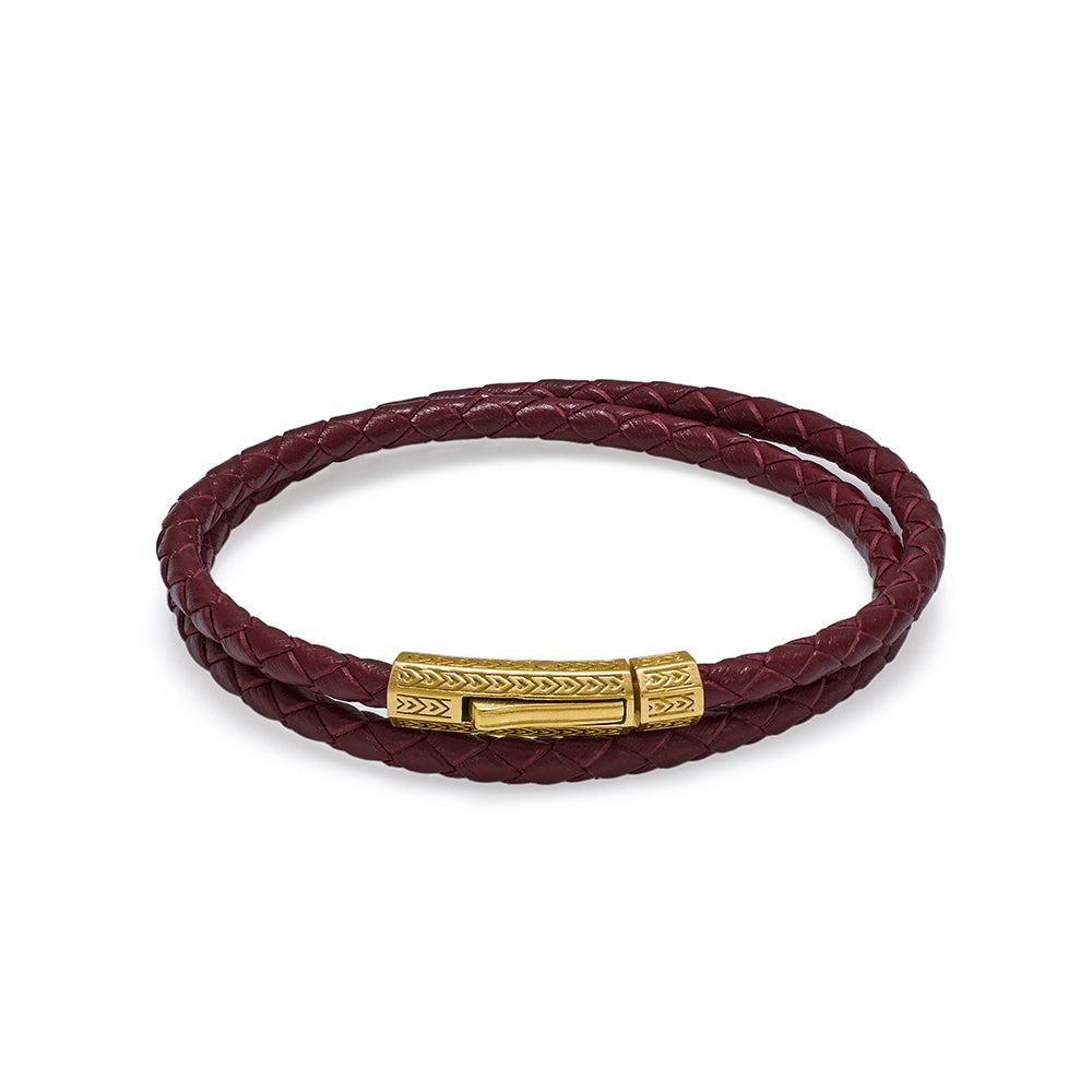 Claret Red Double Leather Bracelet In Gold
