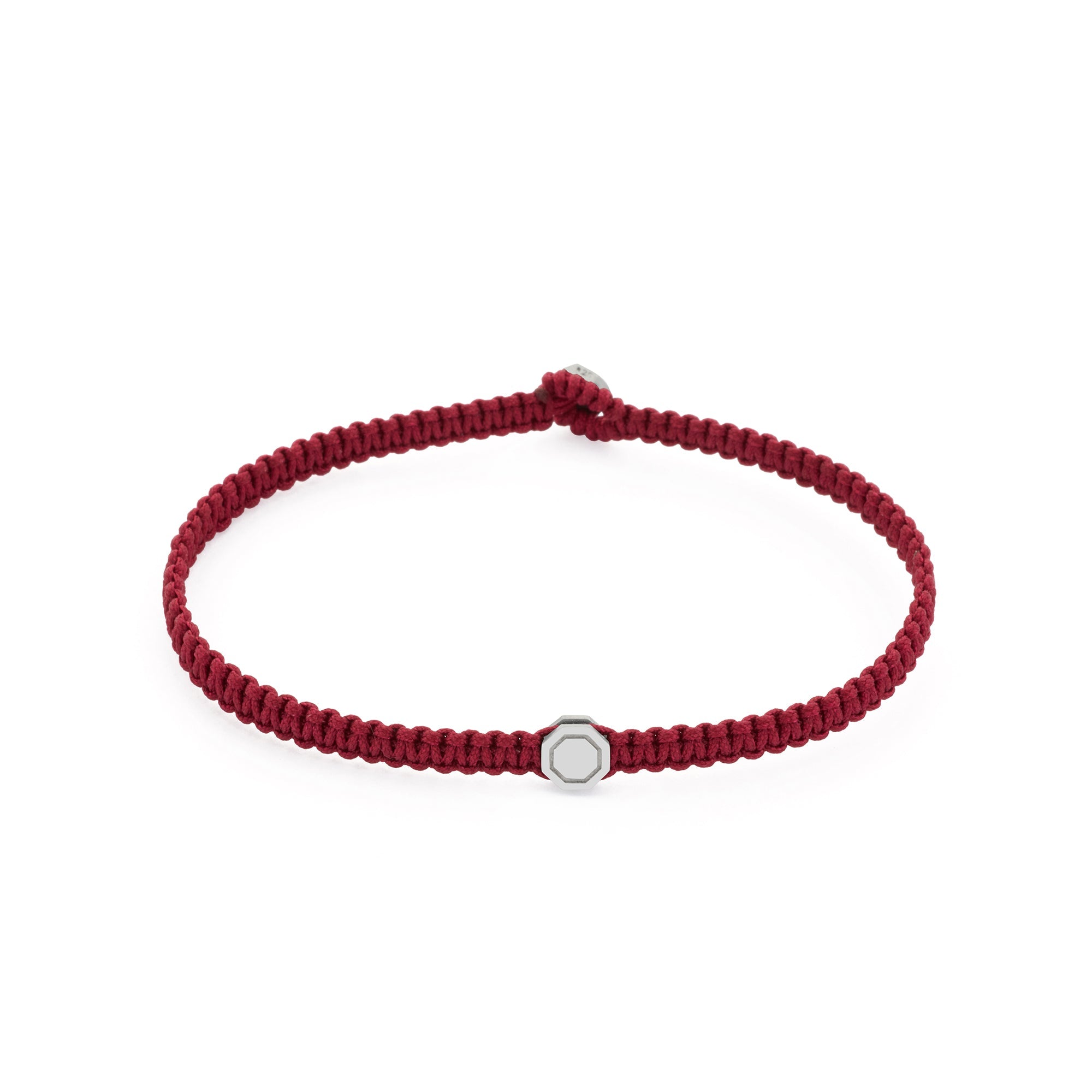 Claret Red Octagon Macrame Bracelet In Silver