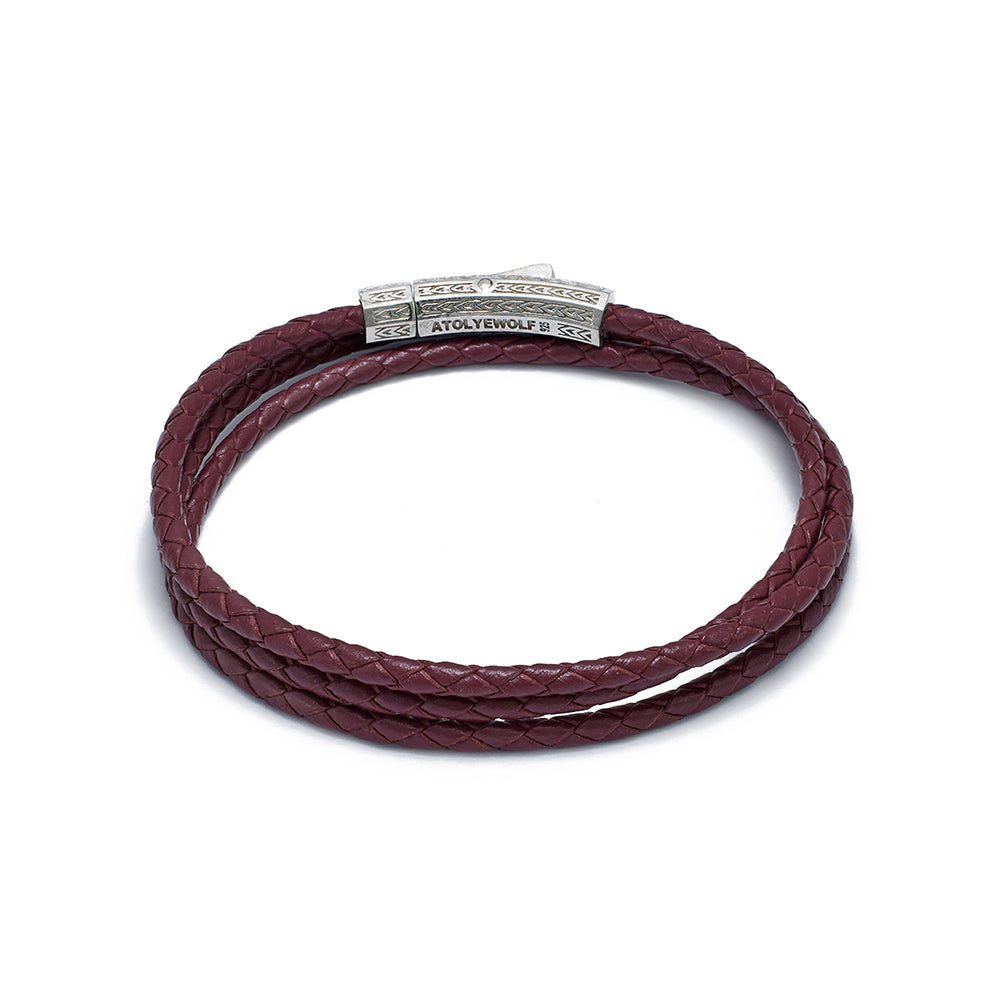 Claret Red Triple Leather Bracelet In Silver