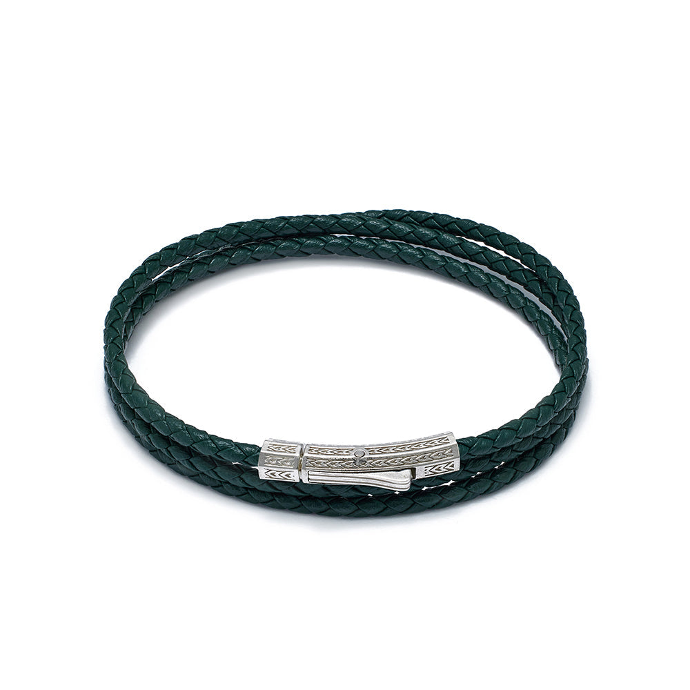 Green Triple Leather Bracelet In Silver