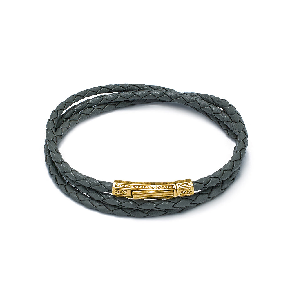 Grey Triple Leather Bracelet In Gold