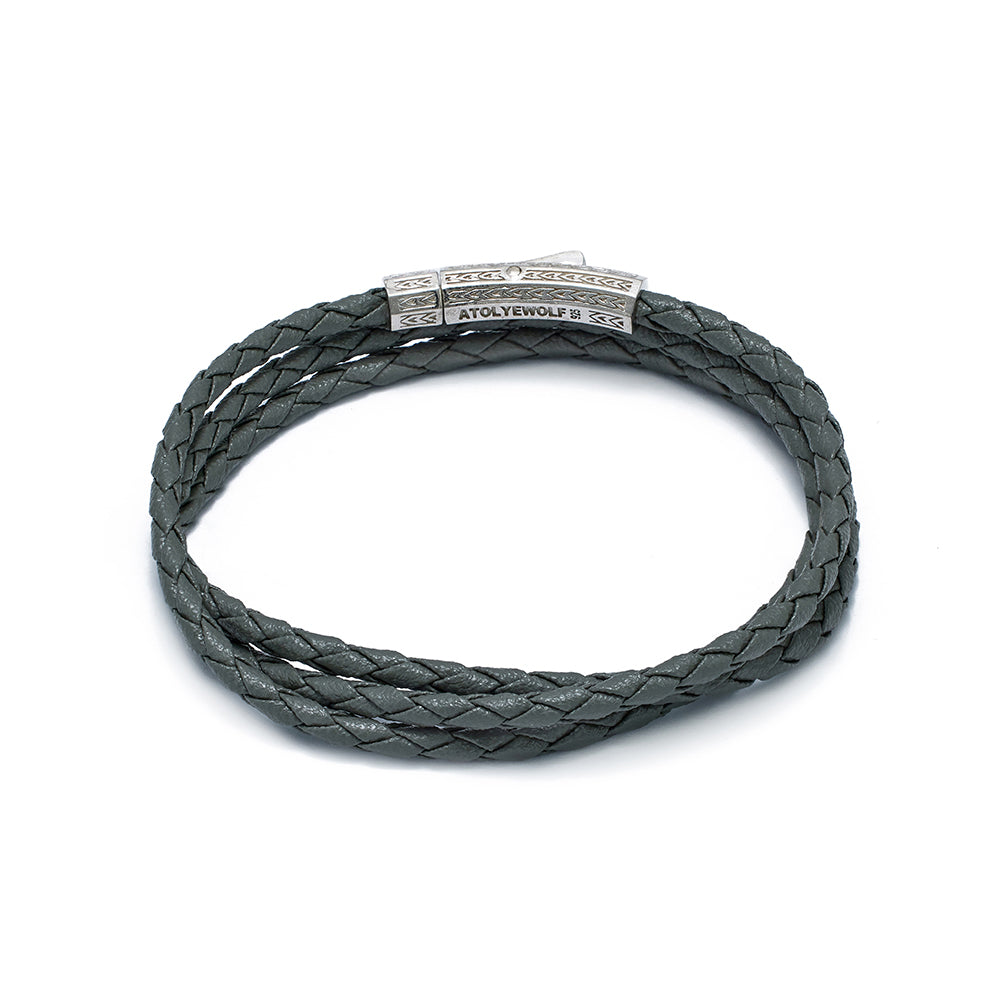 Grey Triple Leather Bracelet In Silver